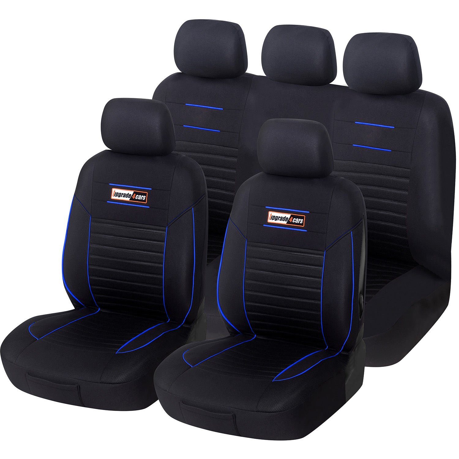Upgrade4cars Autositzbezug SportsLine, 9-teiliges Set, 2 Vordersitzbezüge, 2 Rücksitzbezüge und 5 Kopfstützenbezüge, Stilvolles Linien-Design Blau