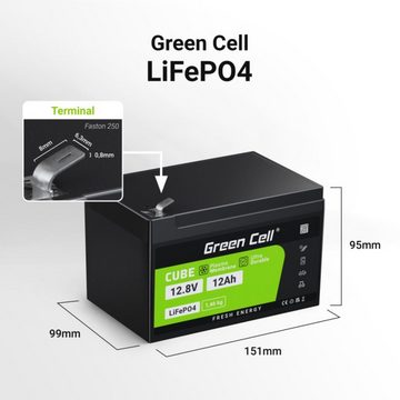 Green Cell LiFePO4 153,6Wh Akku Battery Lithium-Eisen-Phosphat-Akku Batterie, (12.8 V), Kapazität 12Ah, Spannung 12.8V, Spitzenentladestrom 24A