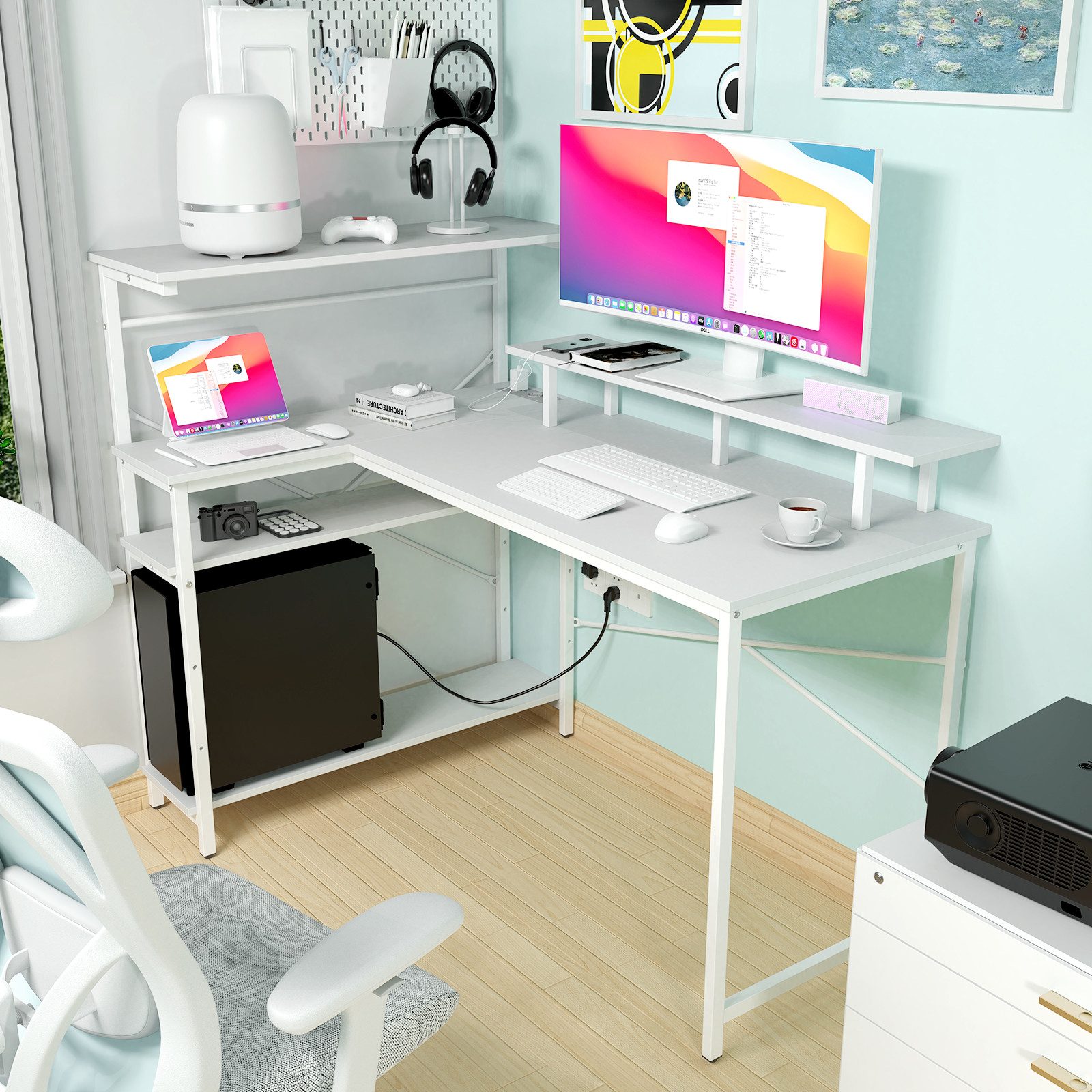 JEOBEST Computertisch Schreibtisch Gaming Tisch mit Regal, (1-St), Computertisch L Form, PC Tisch für Büro, Heimbüro