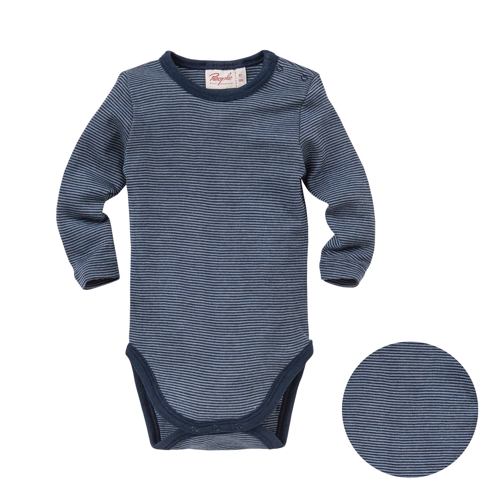 People Wear Organic Langarmbody aus Wolle und Seide Dunkelblau geringelt