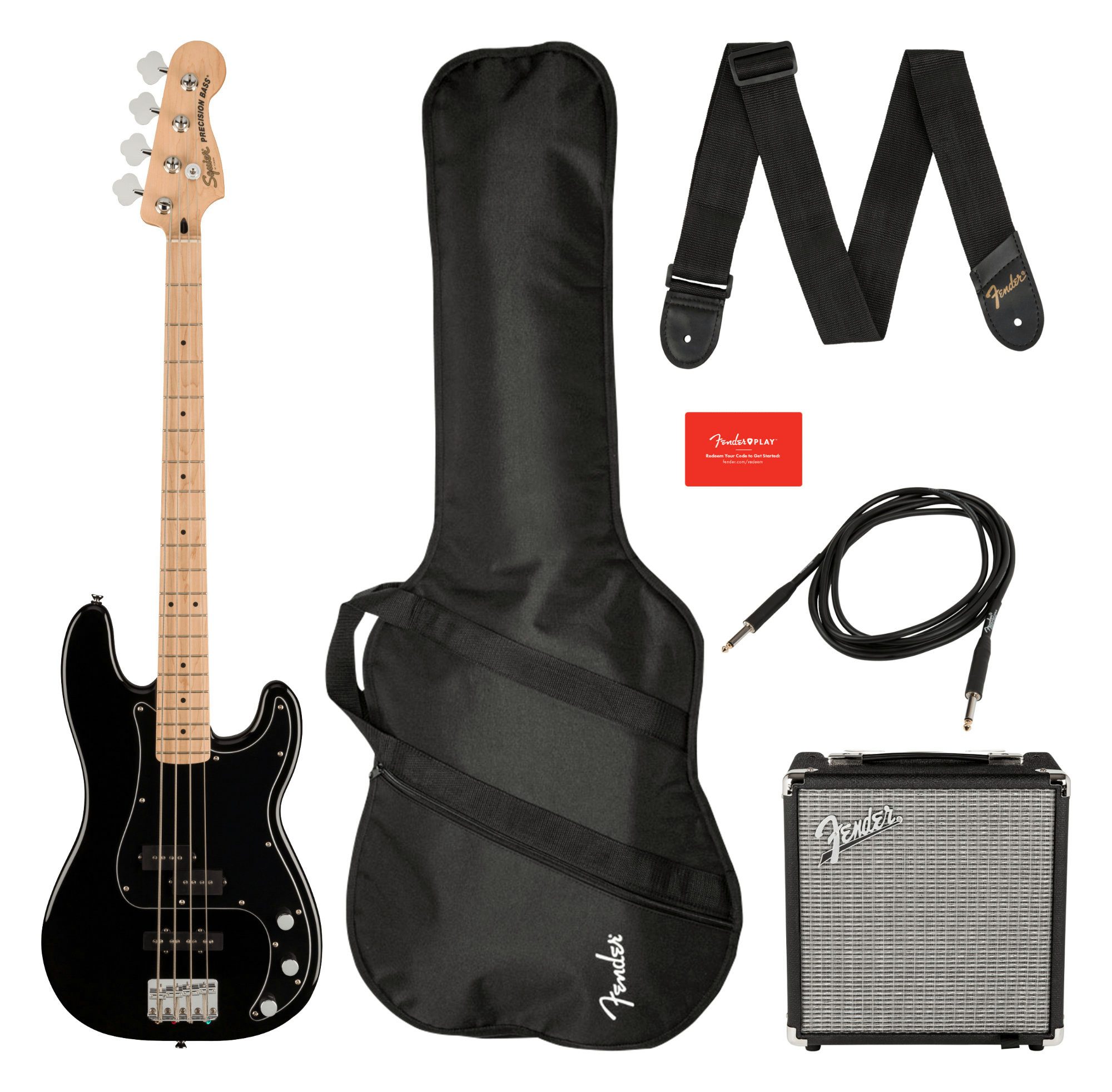 Squier E-Bass Affinity Precision Bass PJ MN Black Pack, Precision Bass, Komplett-Set, E-Bass Starter Set mit Verstärker, Gigbag, Gurt und Kabel