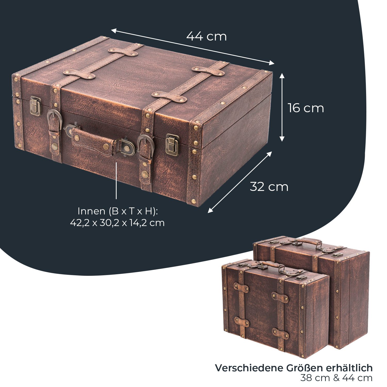 HMF Aufbewahrungsbox Vintage Koffer Holz, Aufbewahrungsbox mit Deckel und Ledergriff als, Geschenkidee für Hochzeit oder Geburtstag, Klassik, 44 x 32 x 16 cm – Bild 5 von 5
