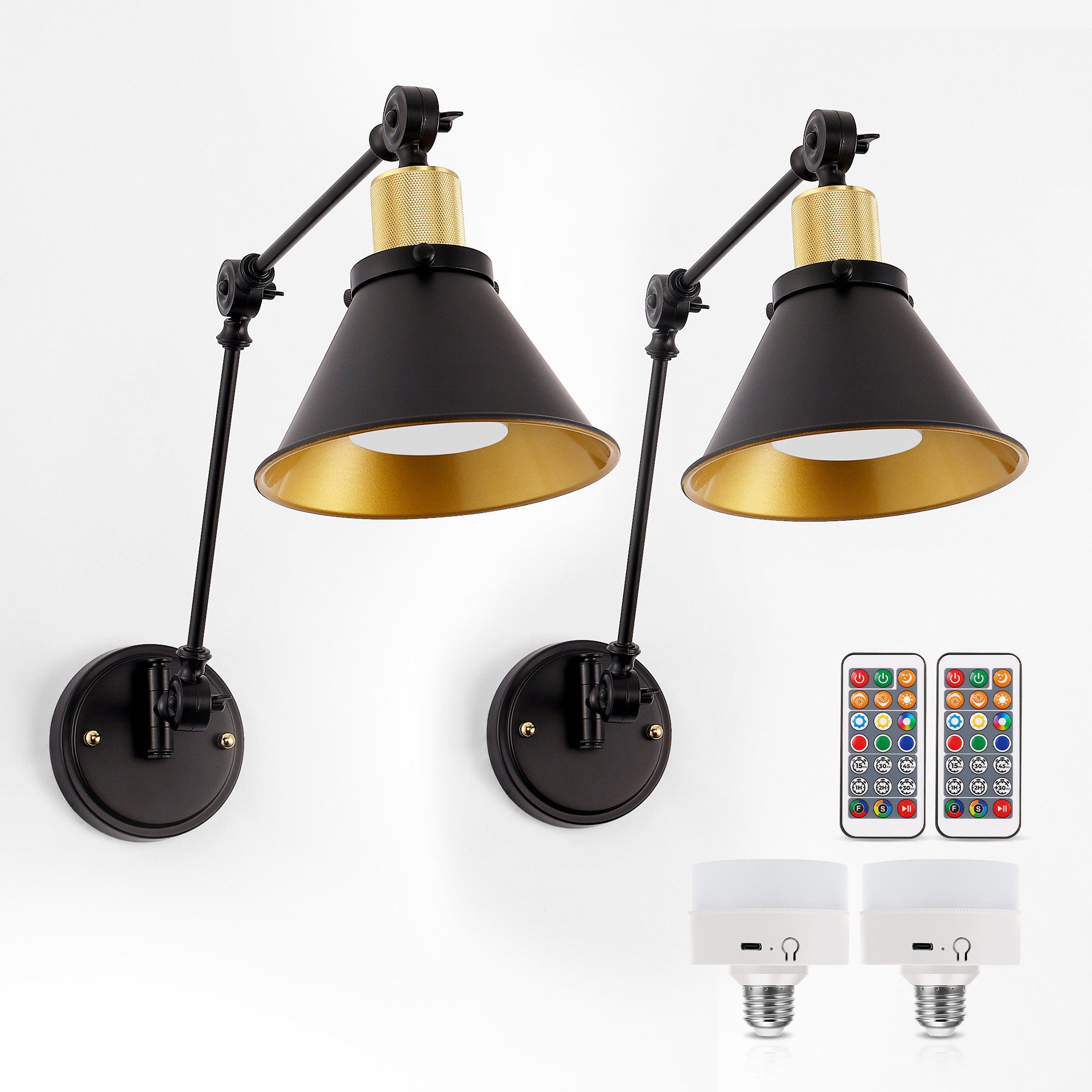 LOHAS-LED Wandleuchte 2er Set Vintage Wandlampe mit zweifach schwenkbarem Arm, LED wechselbar, Warmweiß bis Kaltweiß mit RGB-Farbwechsel, Akku-Lesewandlampe RGBCW E26 mit Fernbedienung + 1m Type-C-Kabel