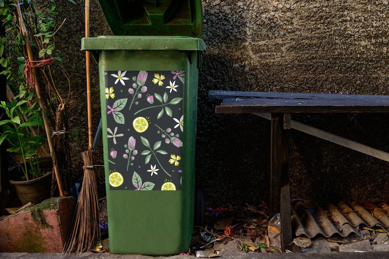 - - Abfalbehälter Mülleimer-aufkleber, Sommer Sticker, Obst Blumen (1 Container, - Mülltonne, MuchoWow Wandsticker St), Schwarz