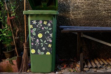 MuchoWow Wandsticker Sommer - Blumen - Obst - Schwarz (1 St), Mülleimer-aufkleber, Mülltonne, Sticker, Container, Abfalbehälter