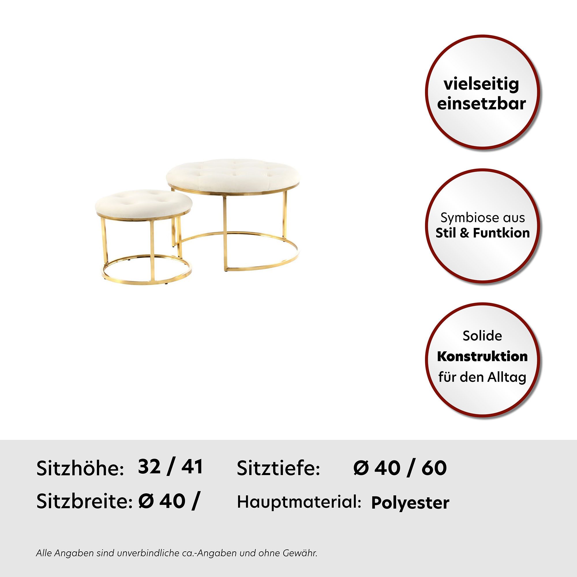 Kayoom Sitzhocker Hocker Myla 2er-Set, praktisch ineinander schiebbar (Set, 2 St), ineinander schiebbar, rund, gesteppt, mit Zierknöpfen