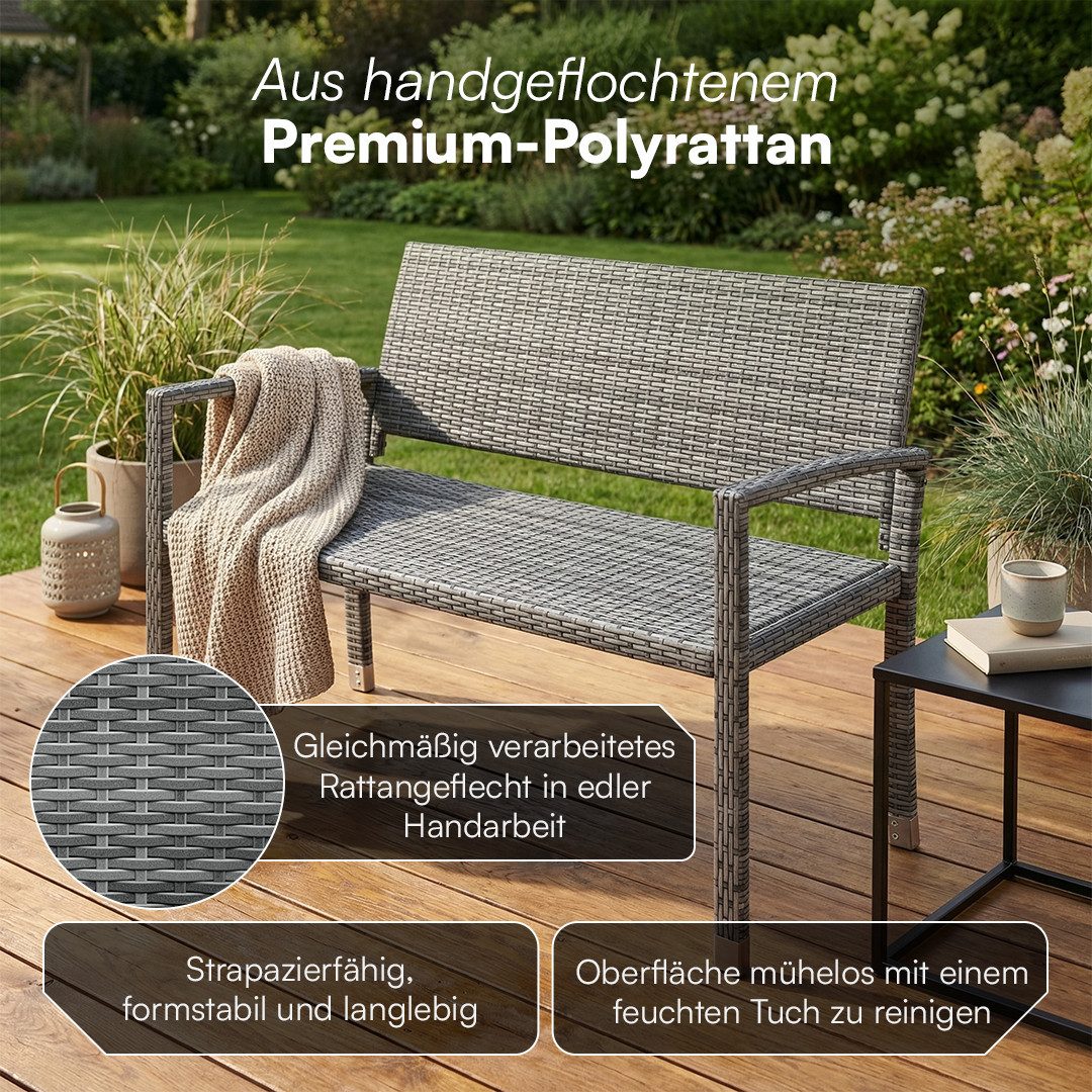 STEELSØN Gartenbank Mirador handgeflochtene Polyrattan Bank (2-Sitzer, grau), wetterfest & UV-beständig, ergonomische Outdoor-Bank, 120 cm Breite