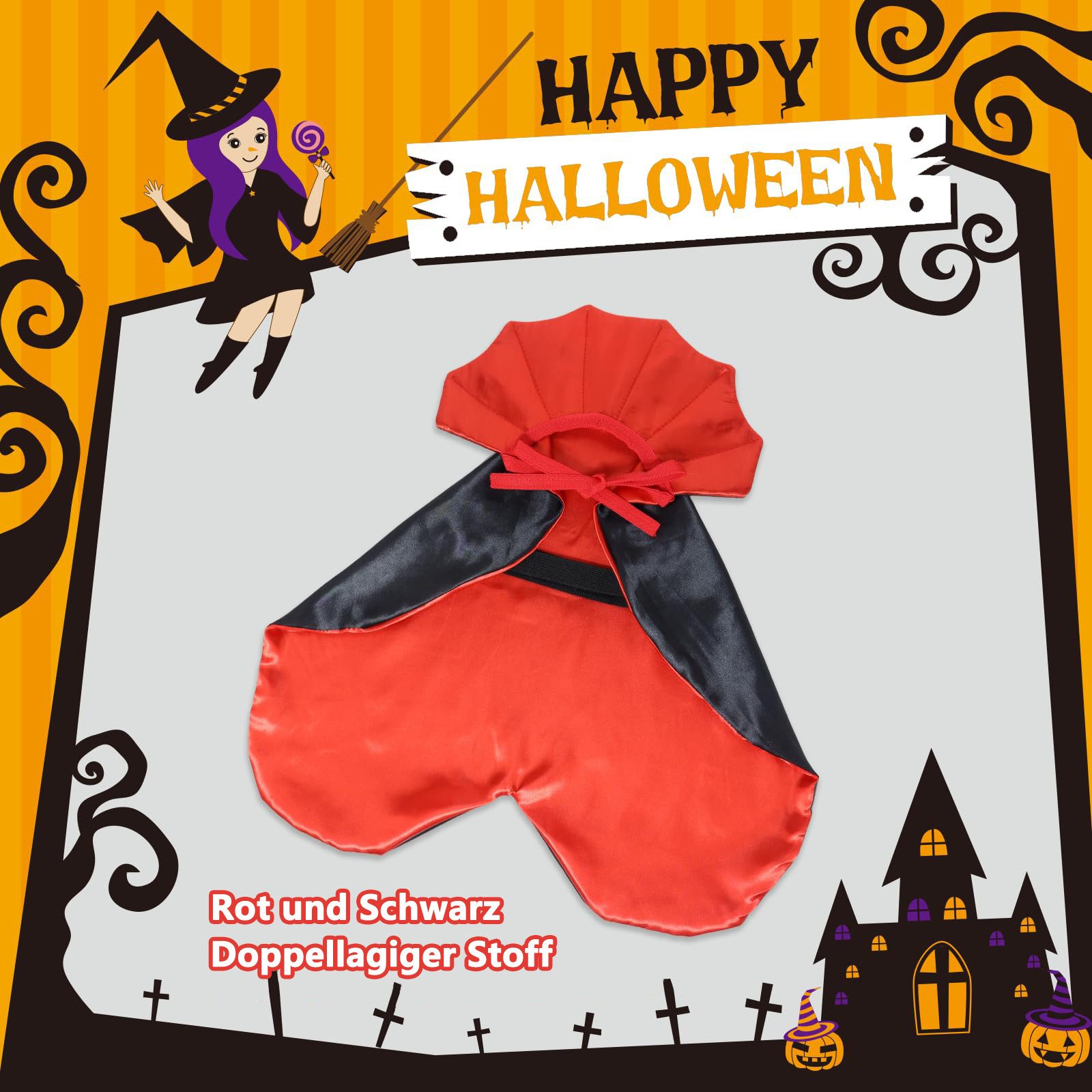 Sorvyzxn Hundekostüm Halloween Hund Umhang mit Stehkragen, Lustiges Vampir Cape, Bequemes Haustier Kostüm mit Klettverschluss