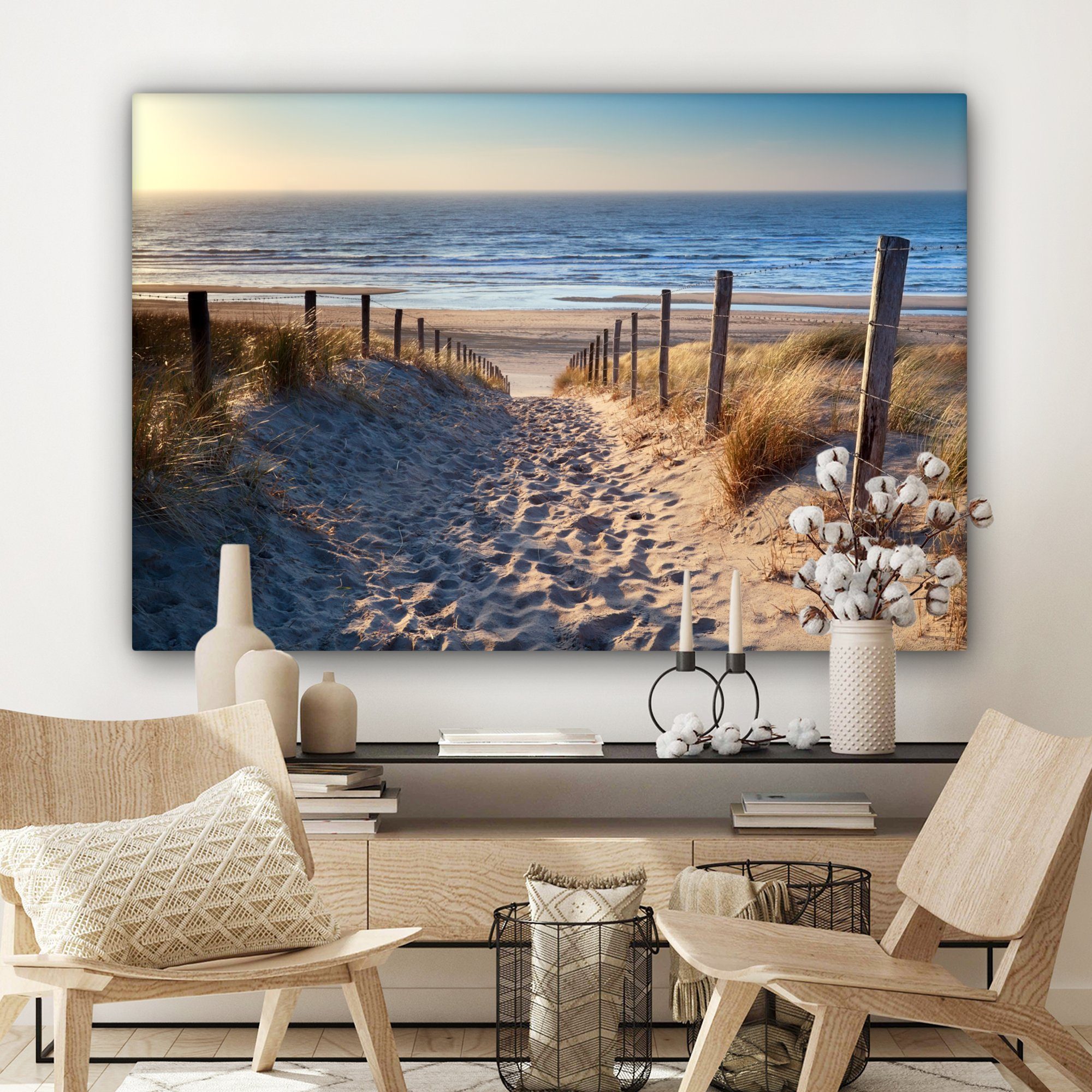 cm Wandbild Strand Meer Gemälde, großes, Wohnbereiche, - Dünen Strand Sonne, - 120x80 OneMillionCanvasses® - XXL, (1 - Leinwandbild alle Meer - für St), Niederlande
