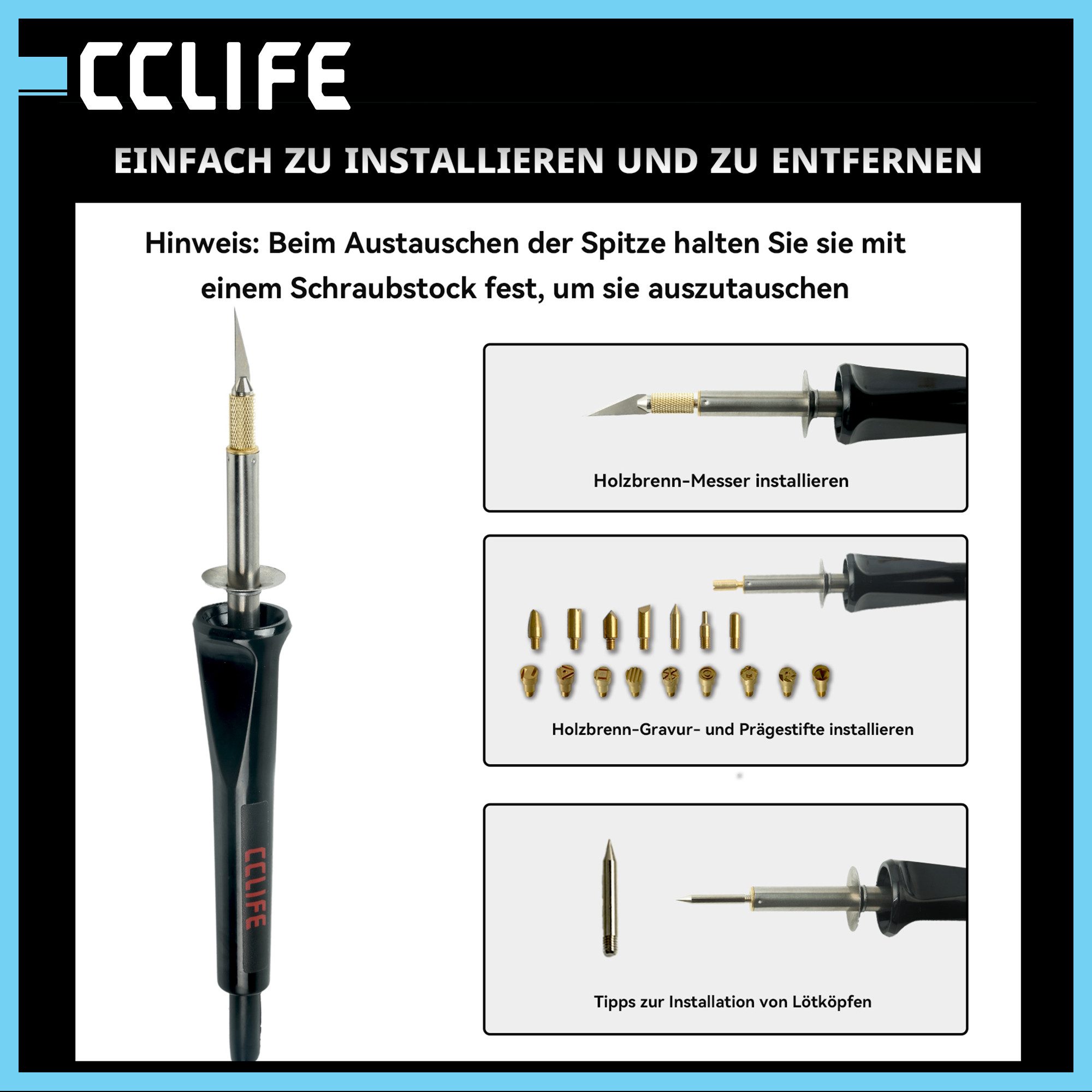 CCLIFE Lötpistole CCLIFE Brandmalset fuer Holz 30W mit 22 Spitzen Brandmalkolben Set