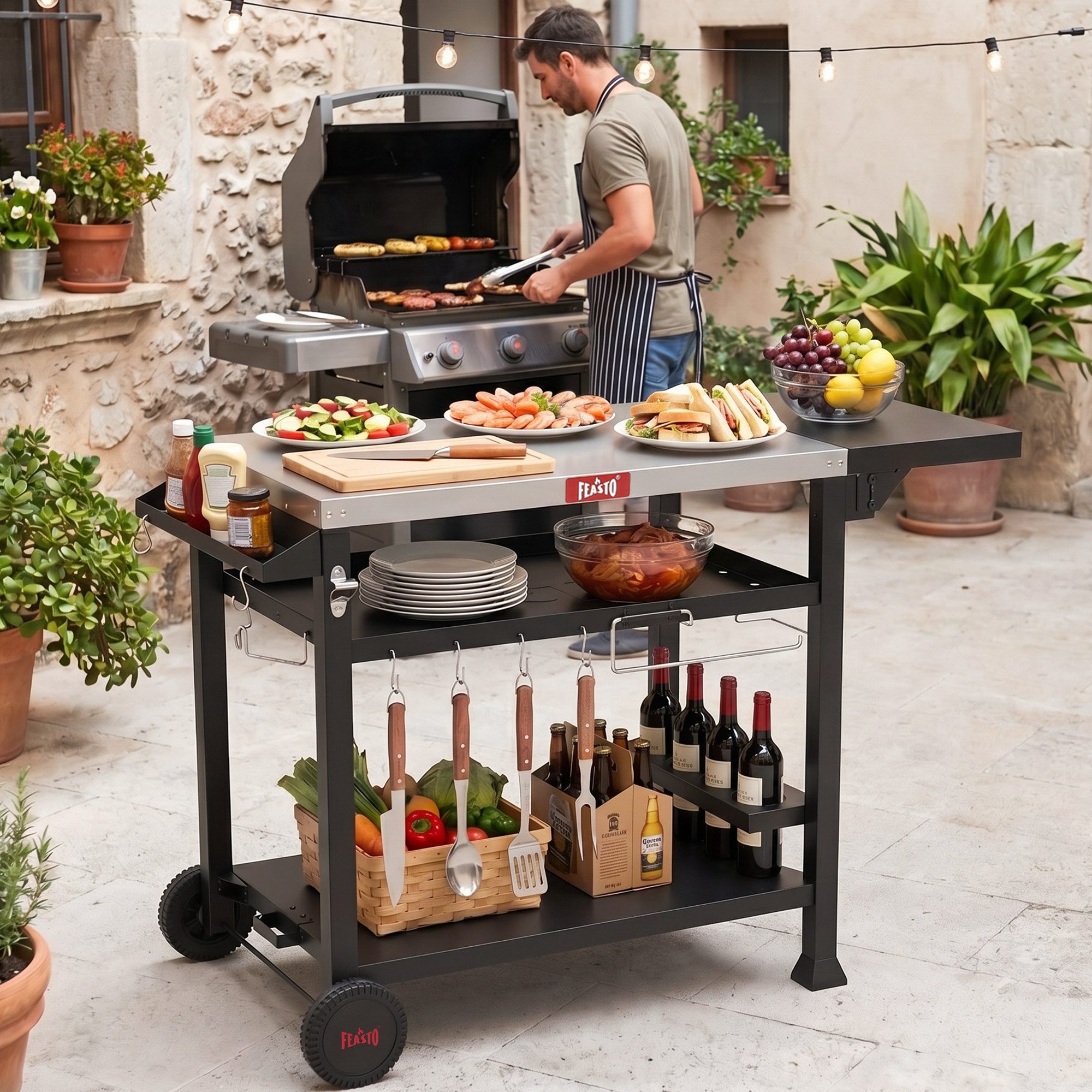 Feasto Servierwagen Grillwagen mit Edelstahl-Arbeitsplatte und ausklappbarem Beistelltisch, Mobiler Küchen- & Barwagen für Garten, Balkon und Grillvorbereitungen