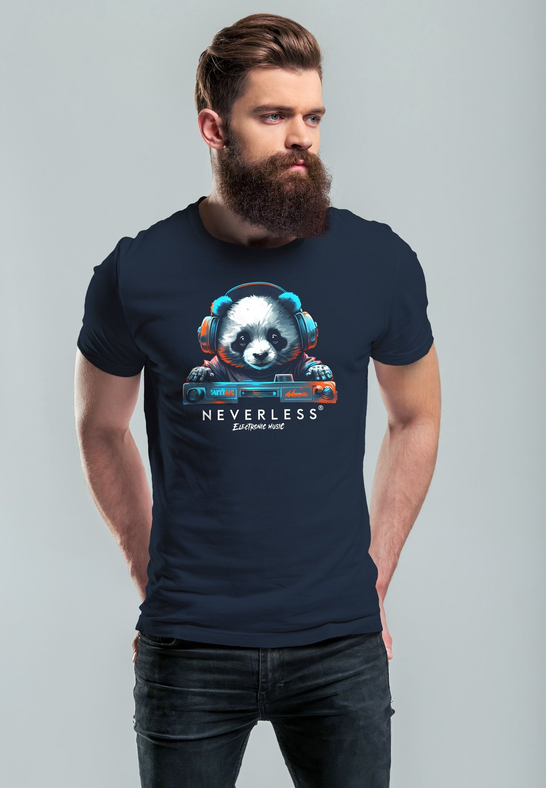 Neverless Print-Shirt Herren Musik Print Aufdruck Fashion Bär T-Shirt Techo navy Tiermotiv Print mit Panda