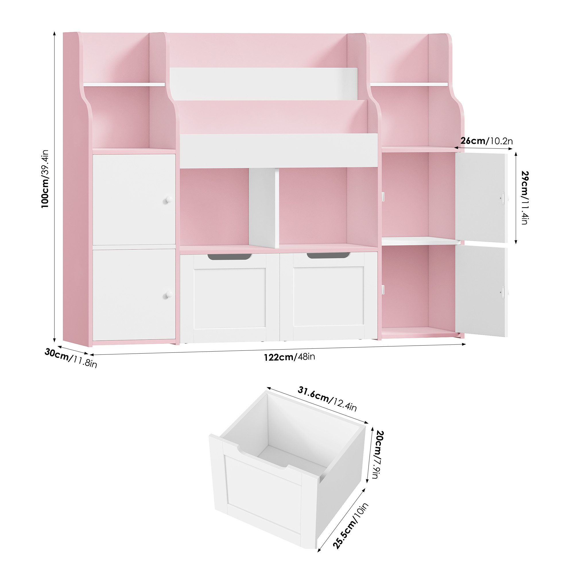 Homfa Kinderregal Spielzeugtruhe mit 2 Schubladen auf Rollen Bücherregal, Kinderbücherregal Spiegelregal mit Tür 126x104x30 cm weiß