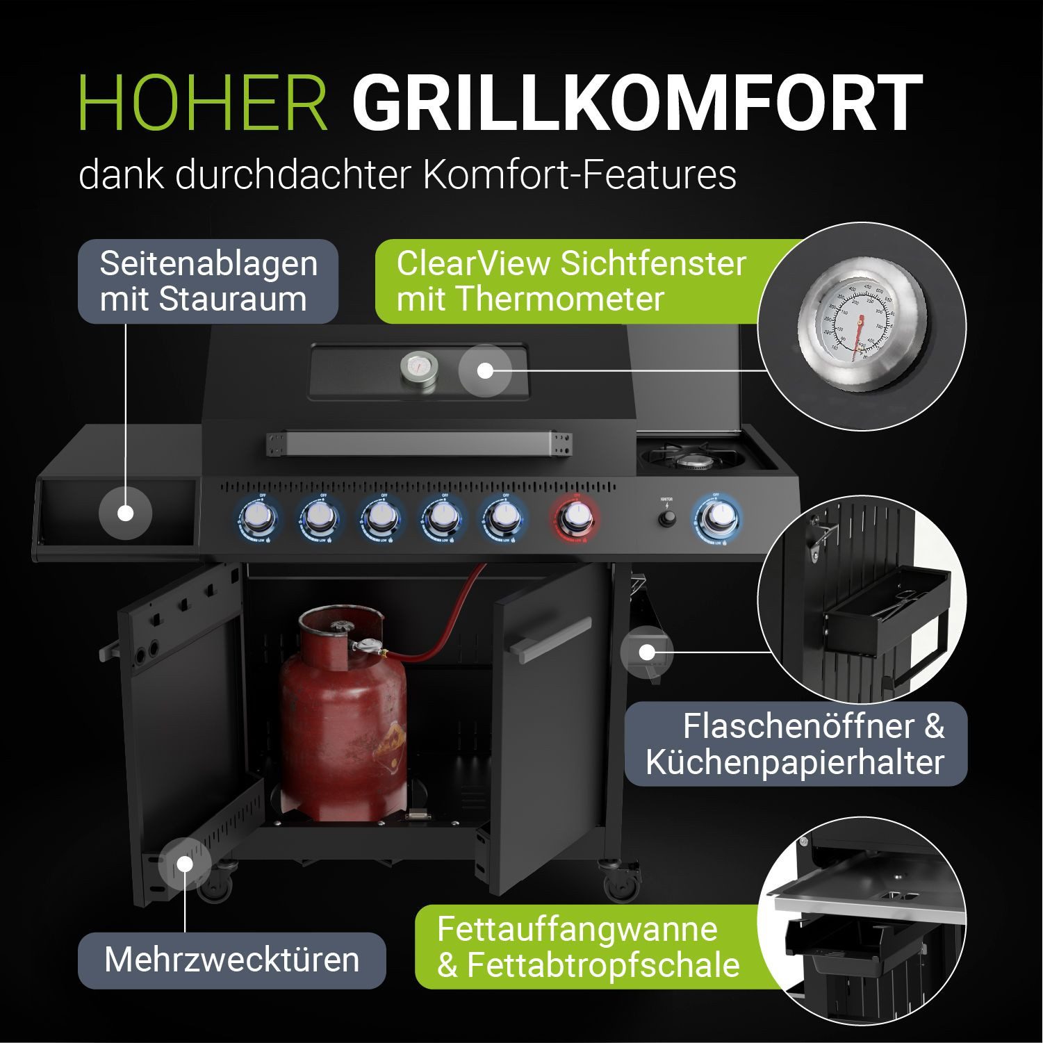 Juskys Gasgrill Tennessee, 6+1 Brenner, Gusseisenrost, Sichtfenster, LED-Regler