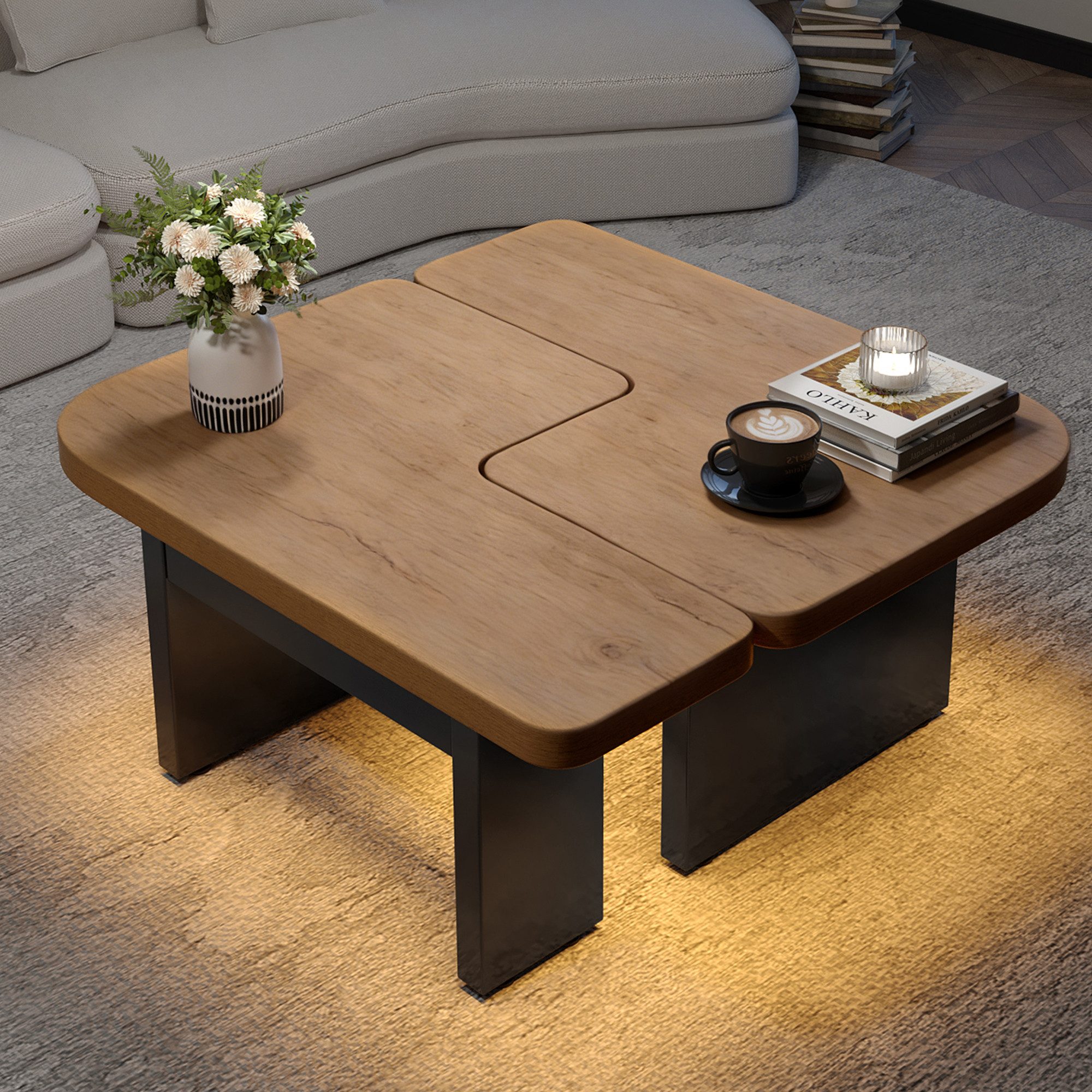 Yorbay Couchtisch 2er Set mit LED-Beleuchtung, Beistelltisch,2 Schubladen, abgerundete Ecken, für Wohnzimmer, Schlafzimmer