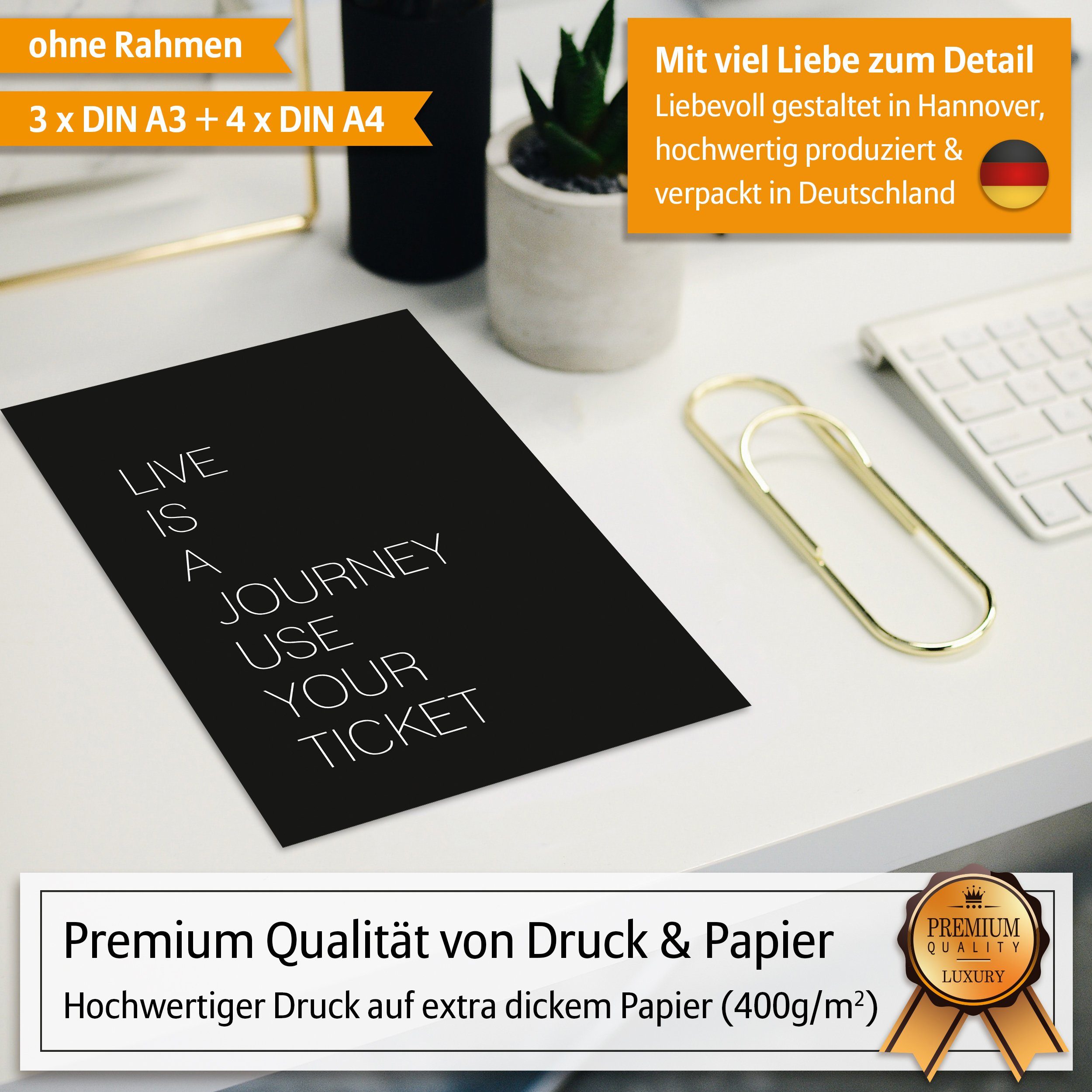 Hyggelig Home Poster Afrika, Premium Poster Set OHNE & MIT Rahmen - Wandbilder schwarz weiß, Tier (Set, 7 St), Collage Line Art, Qualitätsdruck auf dickem Papier