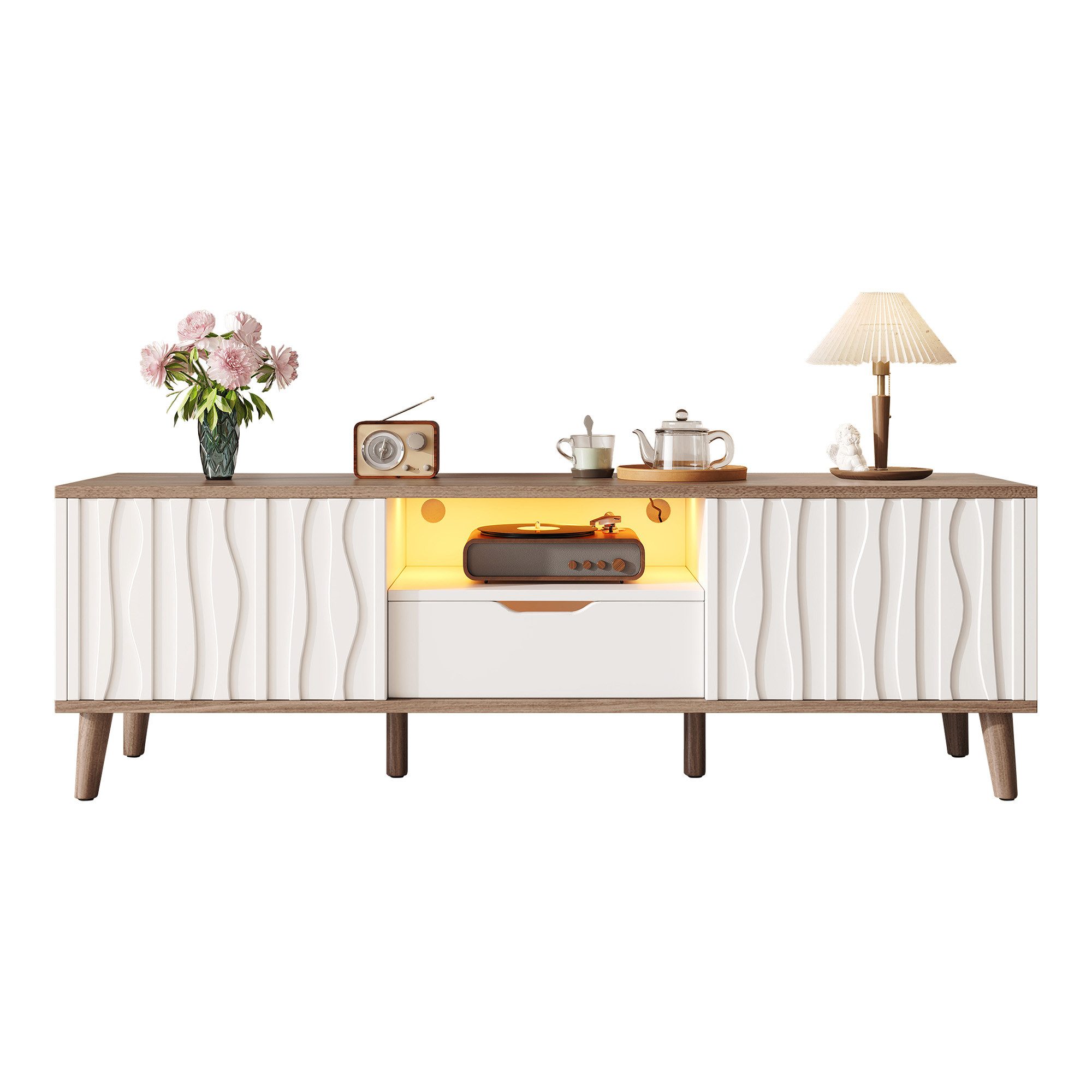 STILVORA Lowboard Moderner TV-Schrank TV Ständer mit Schiebetür und LED für 70" TV (LED TV-Schrank, 160×40×52 cm, für 70", MDF, Weiß, modern, 1 TV-Board mit Schiebetüren, offenem Fach, Kabelöffnung), RGB LED App-Steuerung, 3D Türen, Kabelmanagement