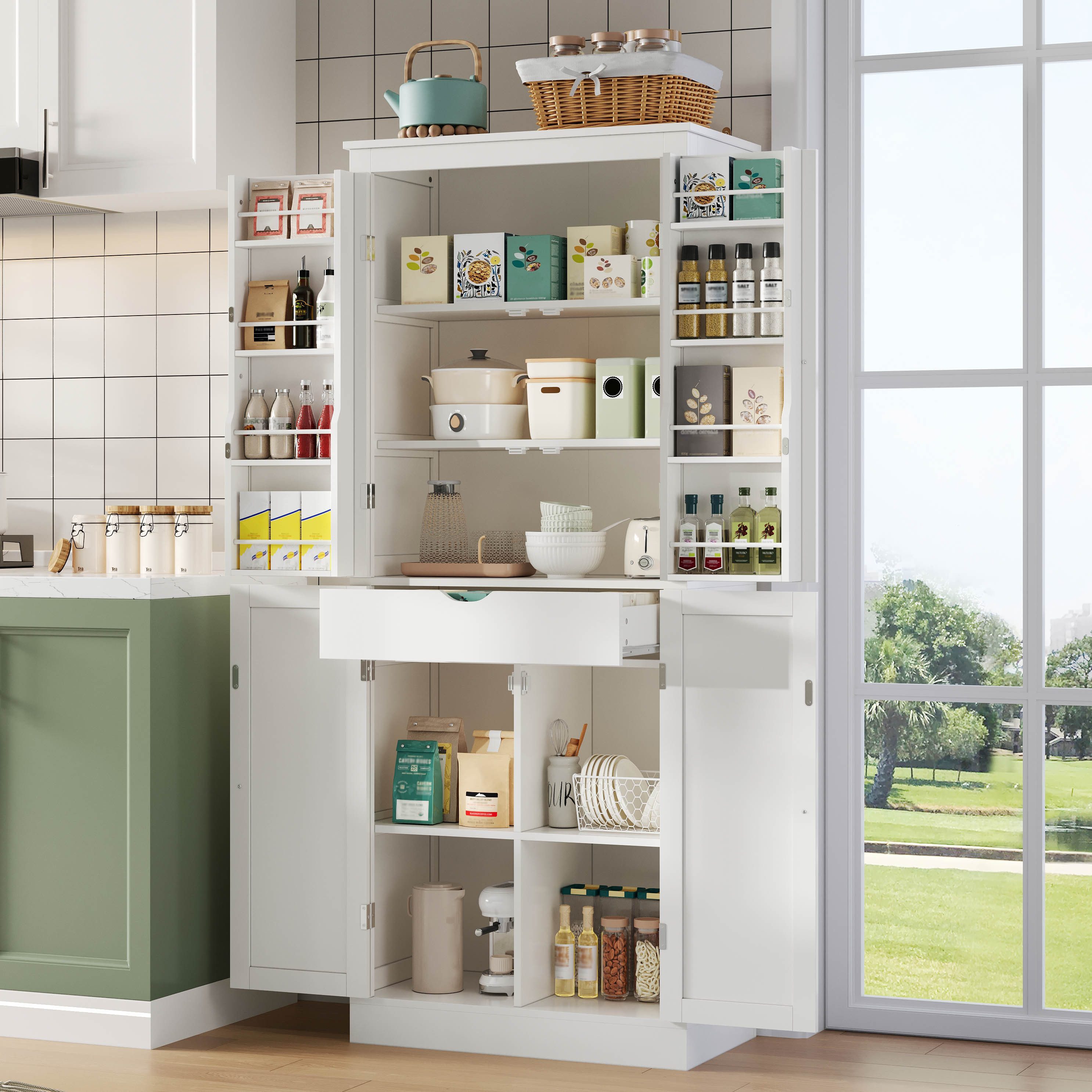Flieks Mehrzweckschrank Hochschrank mit Türablagen, 7 Staufächern und 1 versteckte Schubladen (1-St., 75x40x182 cm) Küchenschrank Küchenbuffet Vorratsschrank Sideboard Weiß