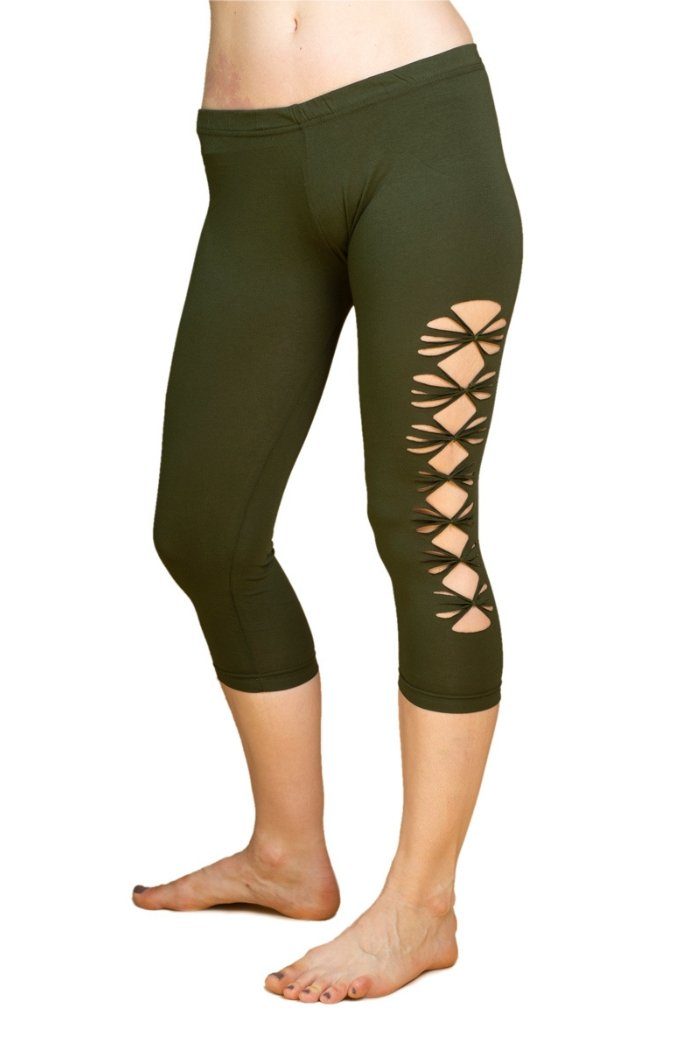 PANASIAM Leggings Goa 3/4 Leggings ‘Wati‘ mit raffiniertem Cut out aus 100% Baumwolle Caprileggings schicke Sommerleggings Olive-grün