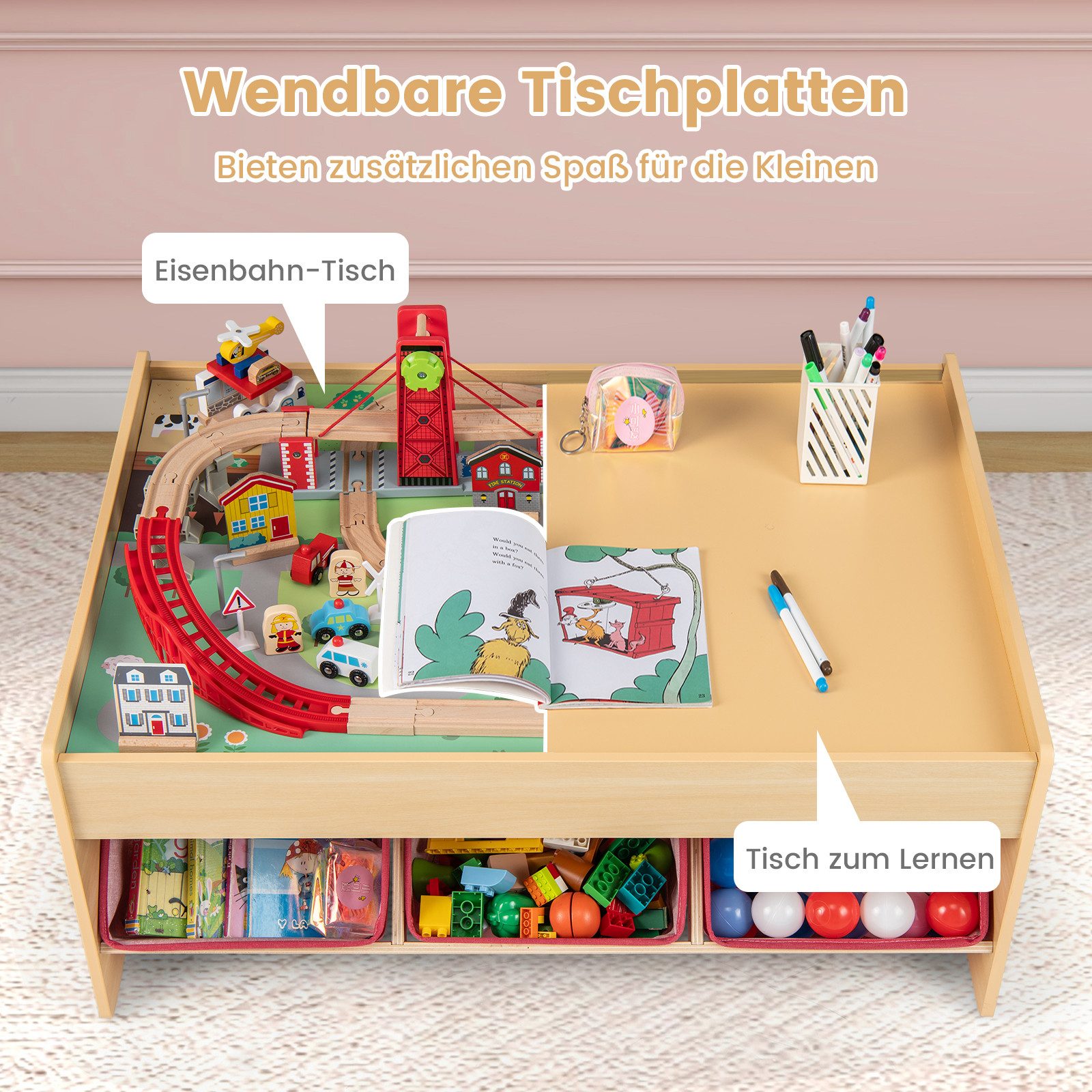 COSTWAY Kindertisch, Mit Stauraum, Holzeisenbahn-Set Tisch günstig online kaufen