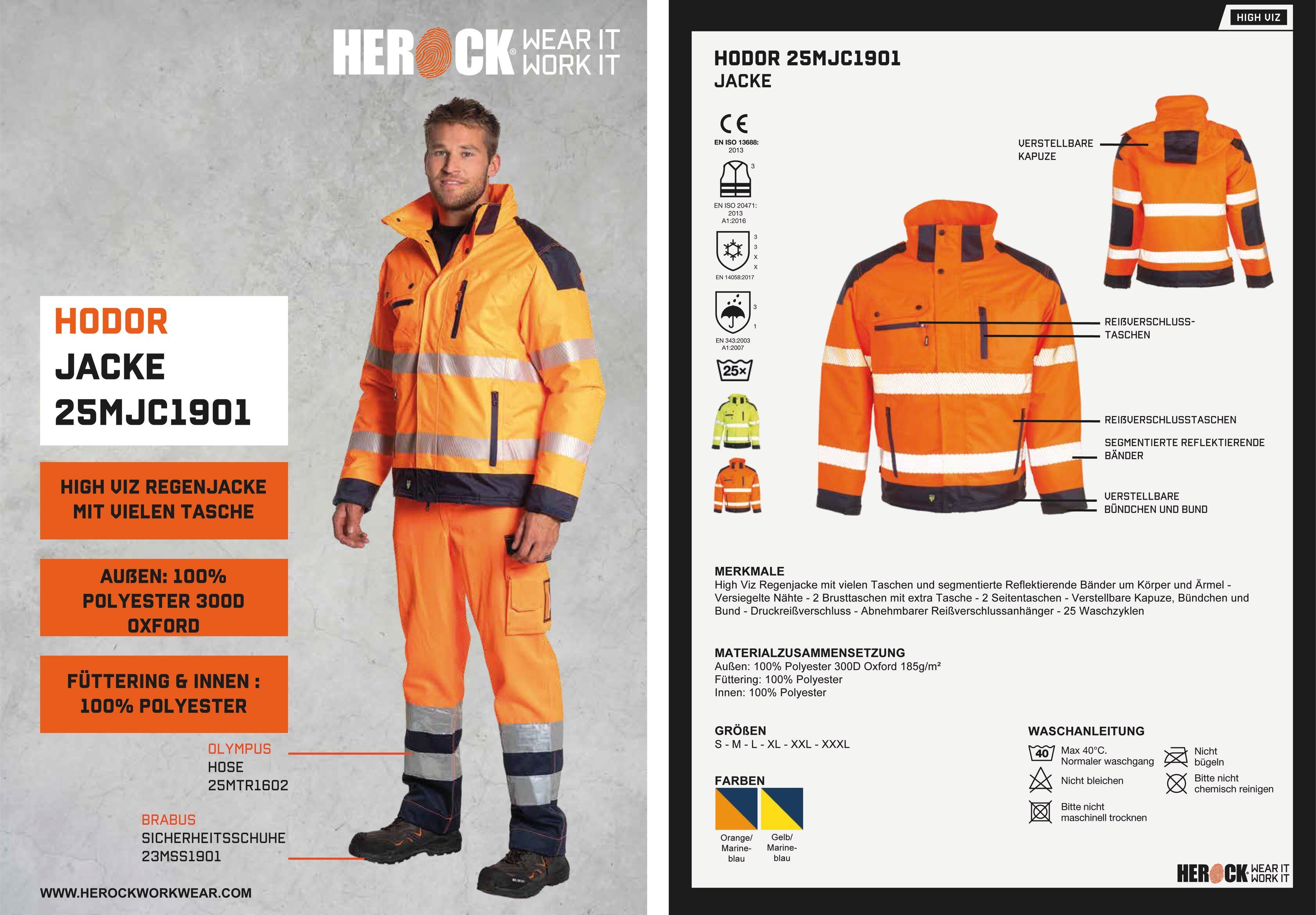 Herock Arbeitsjacke Hodor HIGH VIZ Reissverschlusstaschen orange viele atmungsaktiv, Regenjacke, winddicht