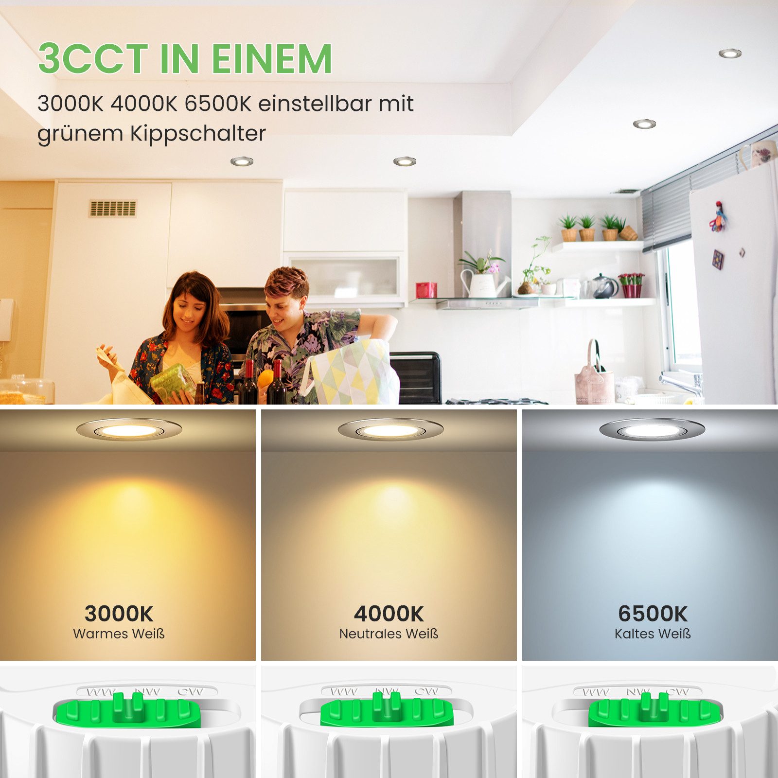 ALUSSO LED Einbauleuchte 6er-Set, ED-Einbau-Spot, 6W, 3CCT, schwenkbar, Ø76/25mm, 3000K/4000K/6500K, 540lm, nickel