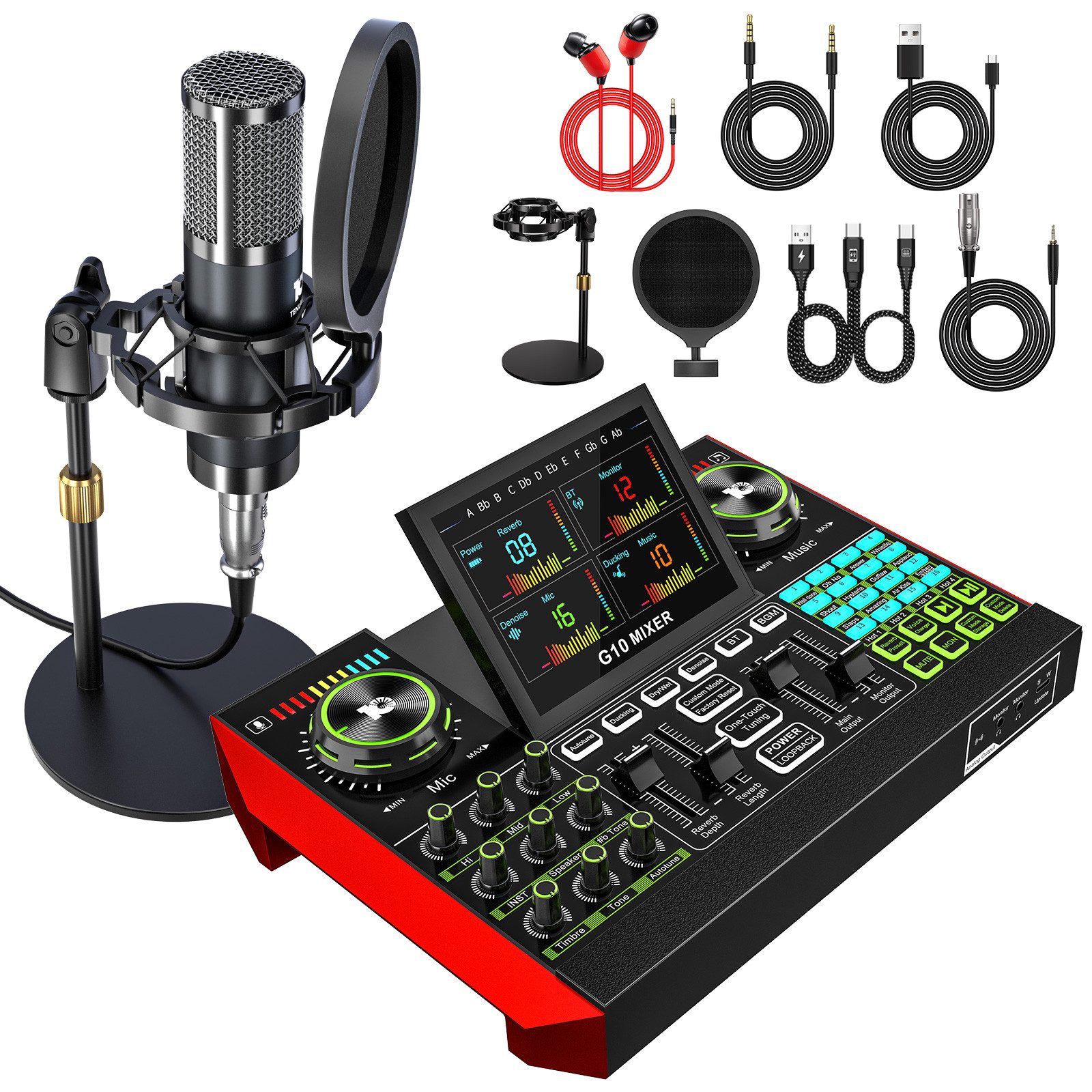 home trends Tenlamp G10 Zehn Lampen Podcast- & Streaming-Set mit Mixer Soundkarte 7.1 Surround, USB-Plug-and-Play, Display, Stimmwechsel, Aufnahme, Hall