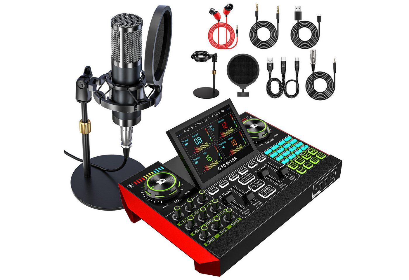 home trends Tenlamp G10 Zehn Lampen Podcast- & Streaming-Set mit Mixer Soundkarte 7.1 Surround, USB-Plug-and-Play, Display, Stimmwechsel, Aufnahme, Hall