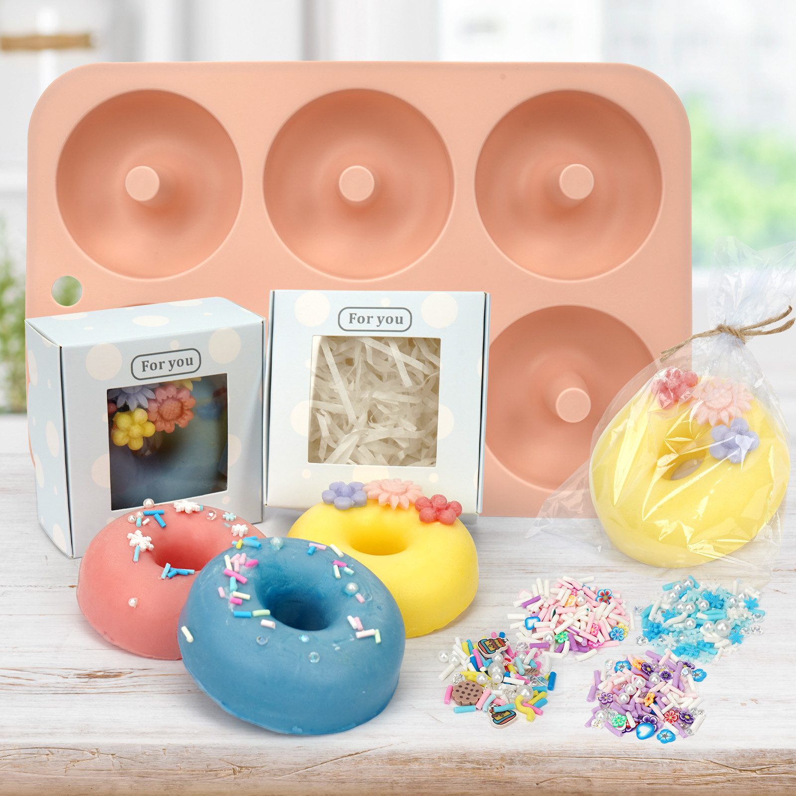OSTWOLKE Seifen-Set Donut Seifen Selber Machen Set Bastelset für DIY Seifenherstellung, Komplette DIY Set inkl. Seifenbasis, Ätherisches Öl, Silikonform