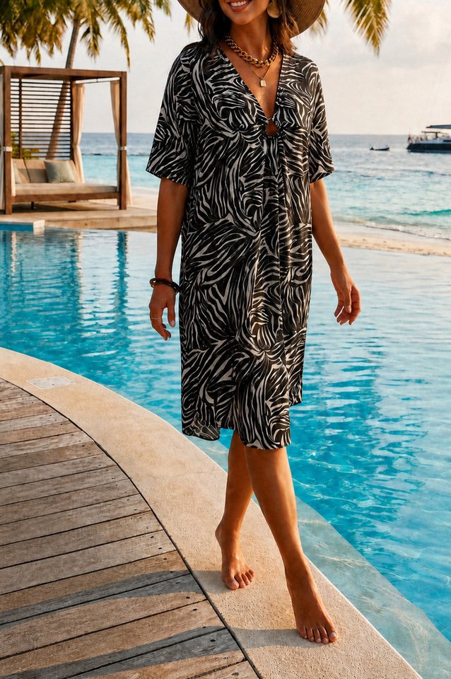 Lovolotti Sommerkleid Damen Strandkleid Schwarz-Weiß mit Zebra-Muster – Luftiges Kaftan Kleid mit V-Ausschnitt und Kurzarm, Beach Cover-Up