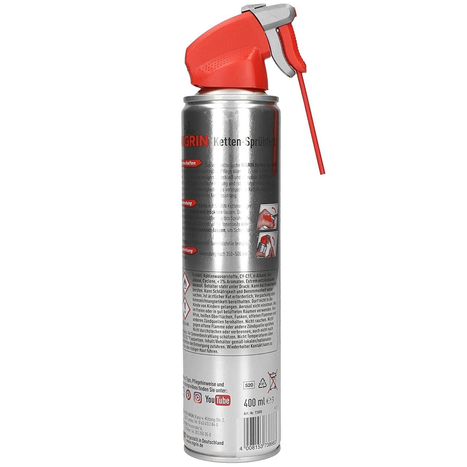 NIGRIN Kettenöl Moto-Bike Ketten-Fett Sprüh-Fett Spray 400ml, 400 ml, (1-St., 1x MOTO-BIKE Kette-Sprühfett 400ml), Kettenspray Kettenfett für Motorrad O Z X Ring-Kette Fahrrad E-Bike