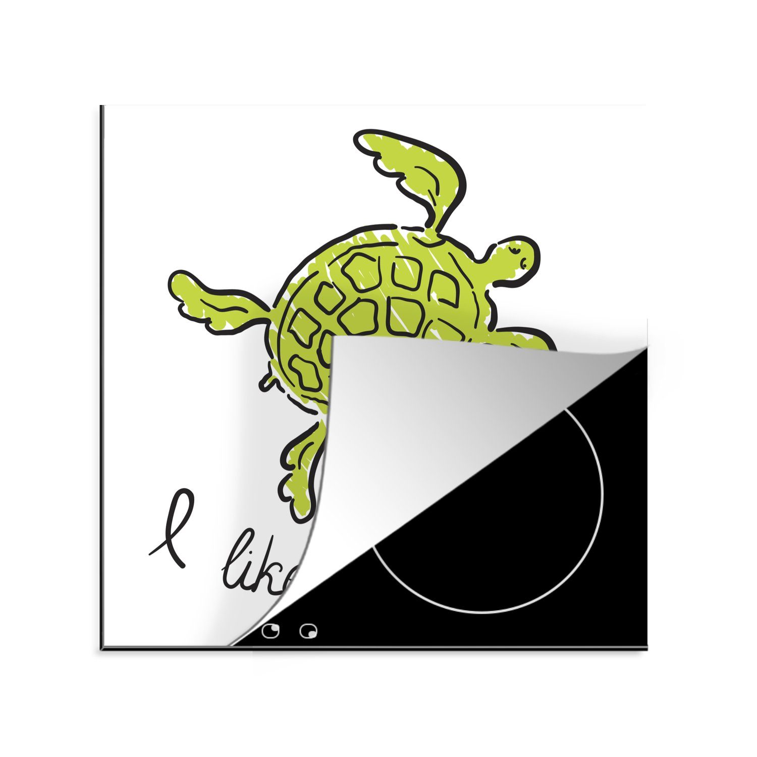 Herdblende-/Abdeckplatte Arbeitsplatte Ceranfeldabdeckung, für Kopfes MuchoWow tlg), des cm, Illustration Schildkröte, (1 küche einer grünen 78x78 Vinyl,