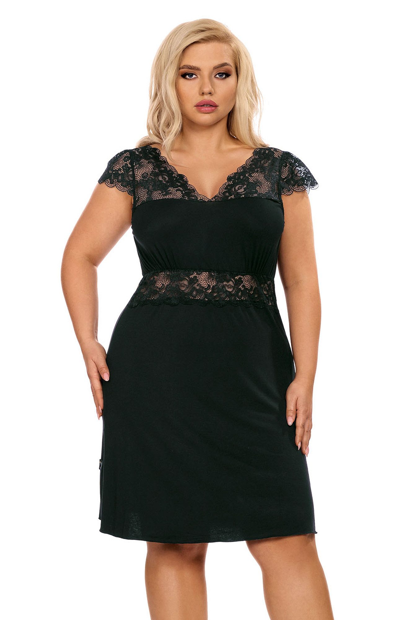 Hamana Negligé Schwarzes blickdichtes Damen Dessous Nachtkleid Negligee mit Spitze in