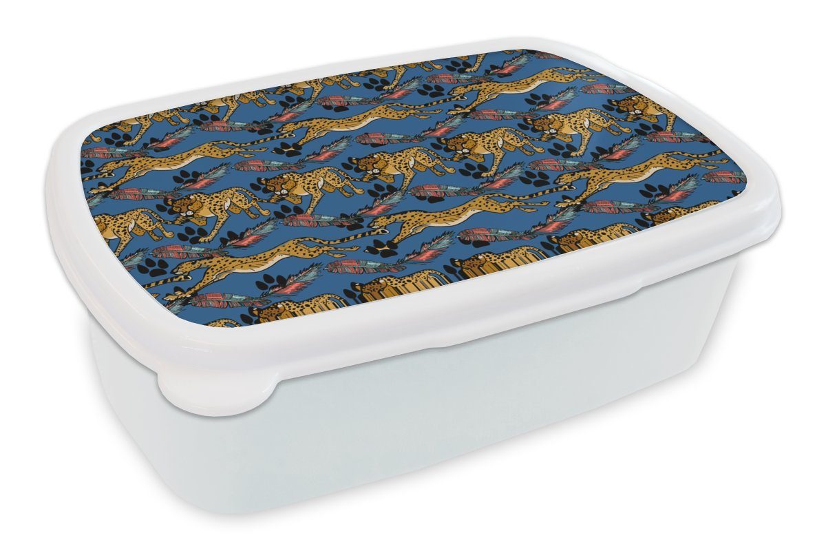 MuchoWow Lunchbox Muster - Gepard - Federn, Kunststoff, (2-tlg), Brotbox für Kinder und Erwachsene, Brotdose, für Jungs und Mädchen weiß