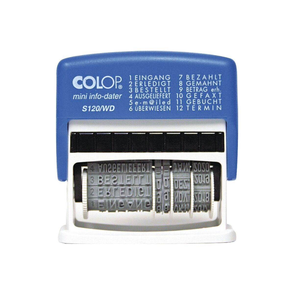 COLOP Stempel S120/WD, Datumseinstellung / 12 vorgefertigte Texte, selbstfärbend