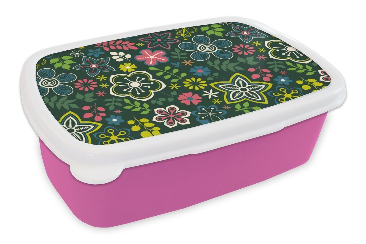 MuchoWow Lunchbox Blätter - Muster - Blumen, Kunststoff, (2-tlg), Brotbox für Erwachsene, Brotdose Kinder, Snackbox, Mädchen, Kunststoff rosa | Lunchboxen