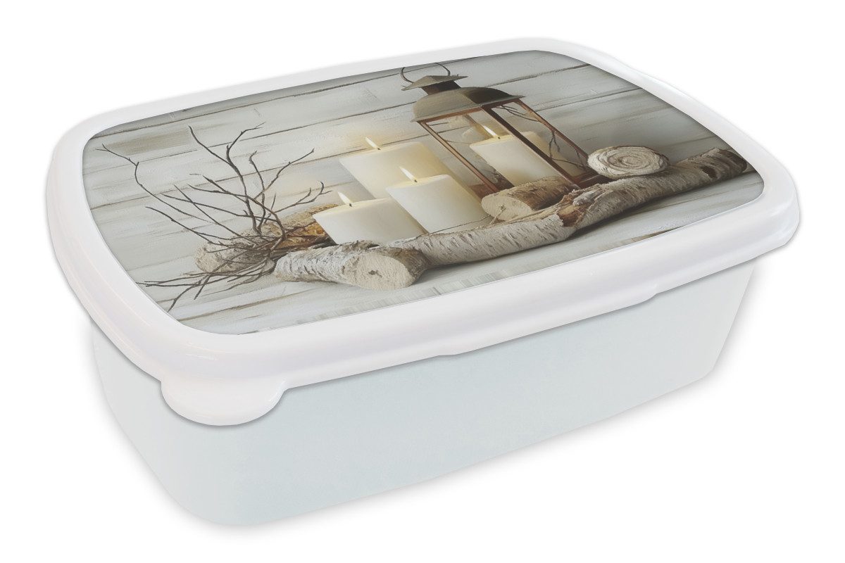MuchoWow Lunchbox Stilleben - Weiß - Kerzen - Rustikal - Natur, Kunststoff, (2-tlg), Brotdose Schule oder Arbeit, Brotbox für Kinder und Erwachsene