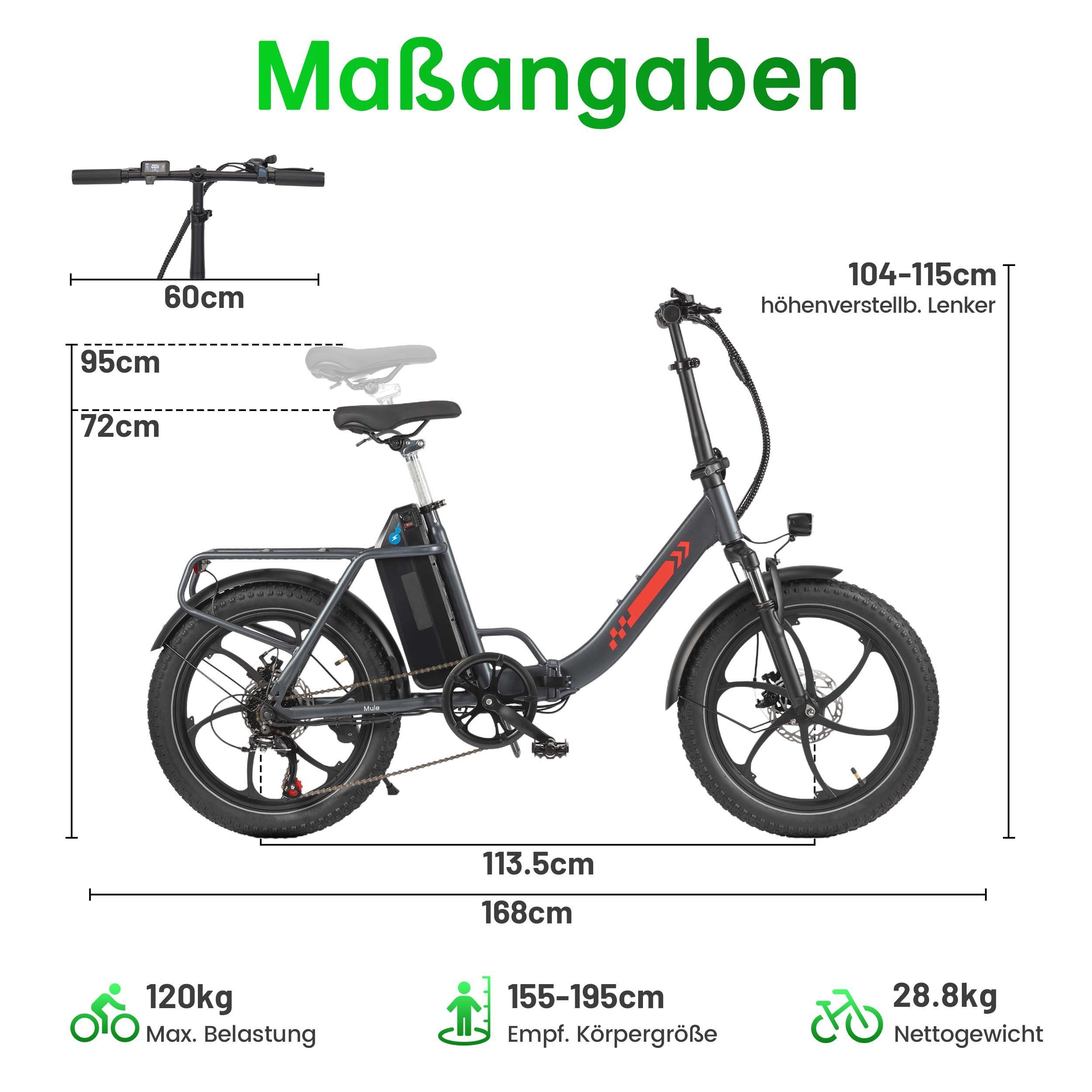 Vankel E-Bike Faltrad E1 Faltbares Damen u. Herren E-Fahrrad 960WH Pedelec,20AH 120 km, Kettenschaltung, Heckmotor, 960 Wh, 20x3'' Klapprad, Pedelec E-Citybike mit Tiefeinstieg, faltbar, E-bikes