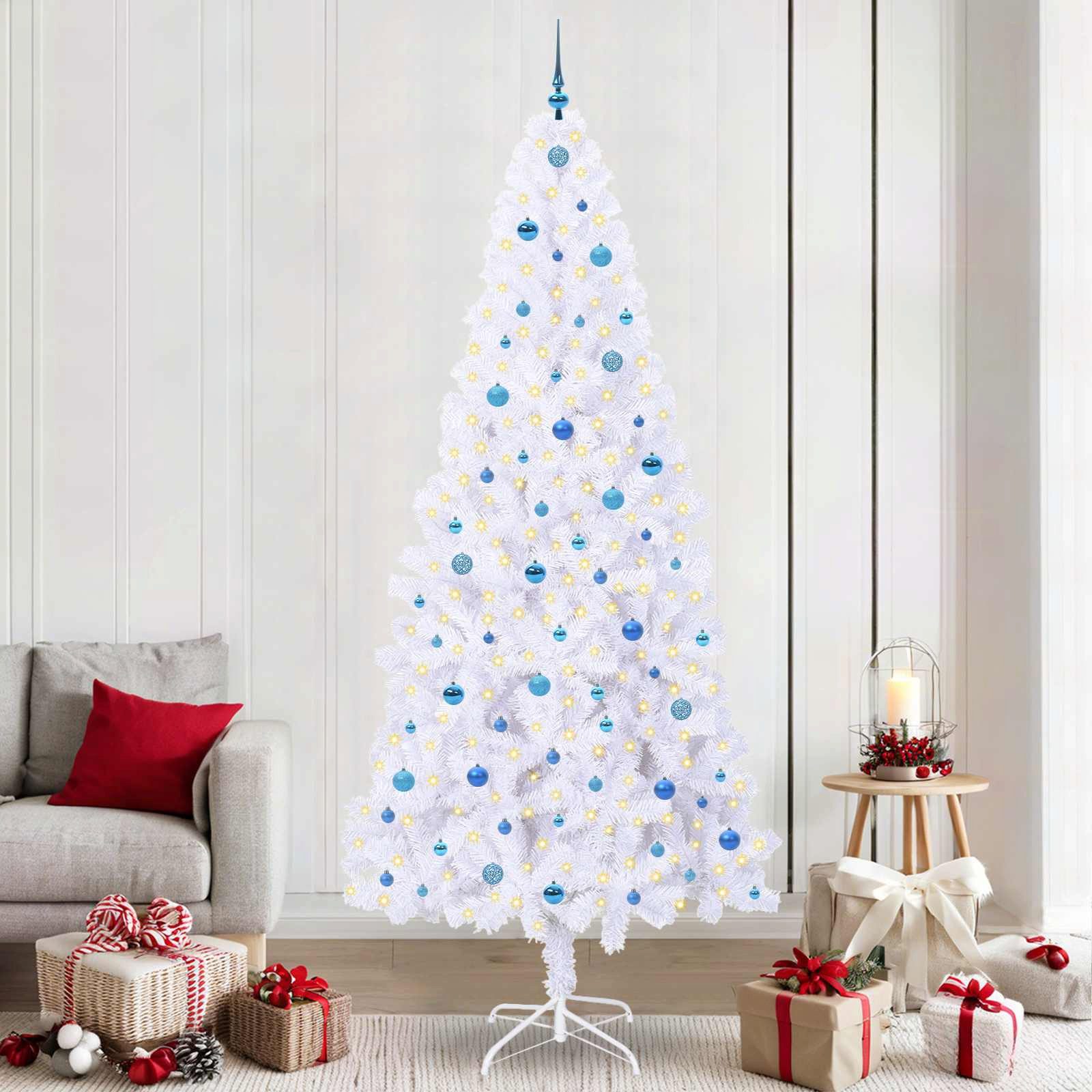 furnicato Künstlicher Weihnachtsbaum 240 cm Weiß mit LED-Lichterkette, Tannenbaum mit 8 Blinkmodi, USB-Stromversorgung und stabilem Ständer