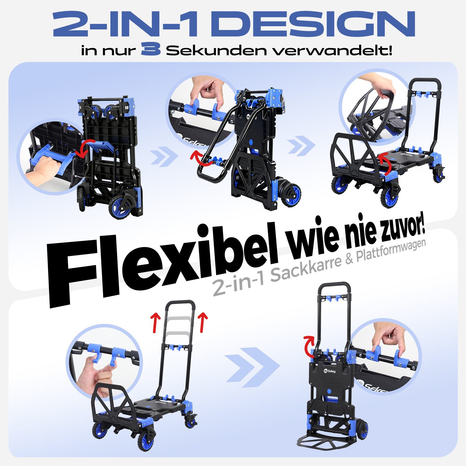 Sekey Aluminum 2-in-1 Folding Hand Truck, Transport Trolley with a Load Capacity of up to 150 kg, Aluminum Platform Trolley with Brake, Ergonomic Handle and 2 Expander Ropes