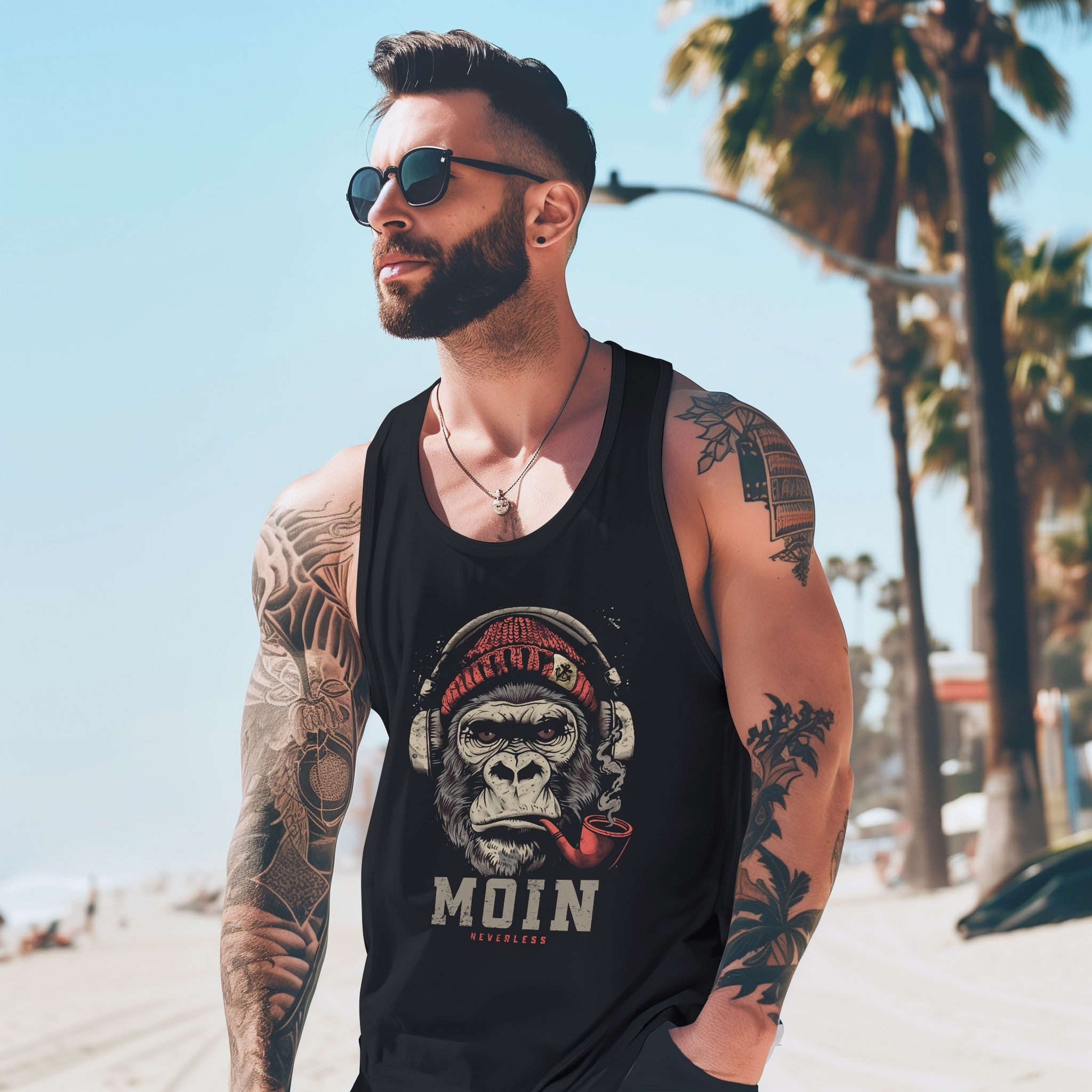 Neverless Tanktop Herren Tank-Top Shirt Moin Schriftzug Gorilla Musik Aufdruck mit Print