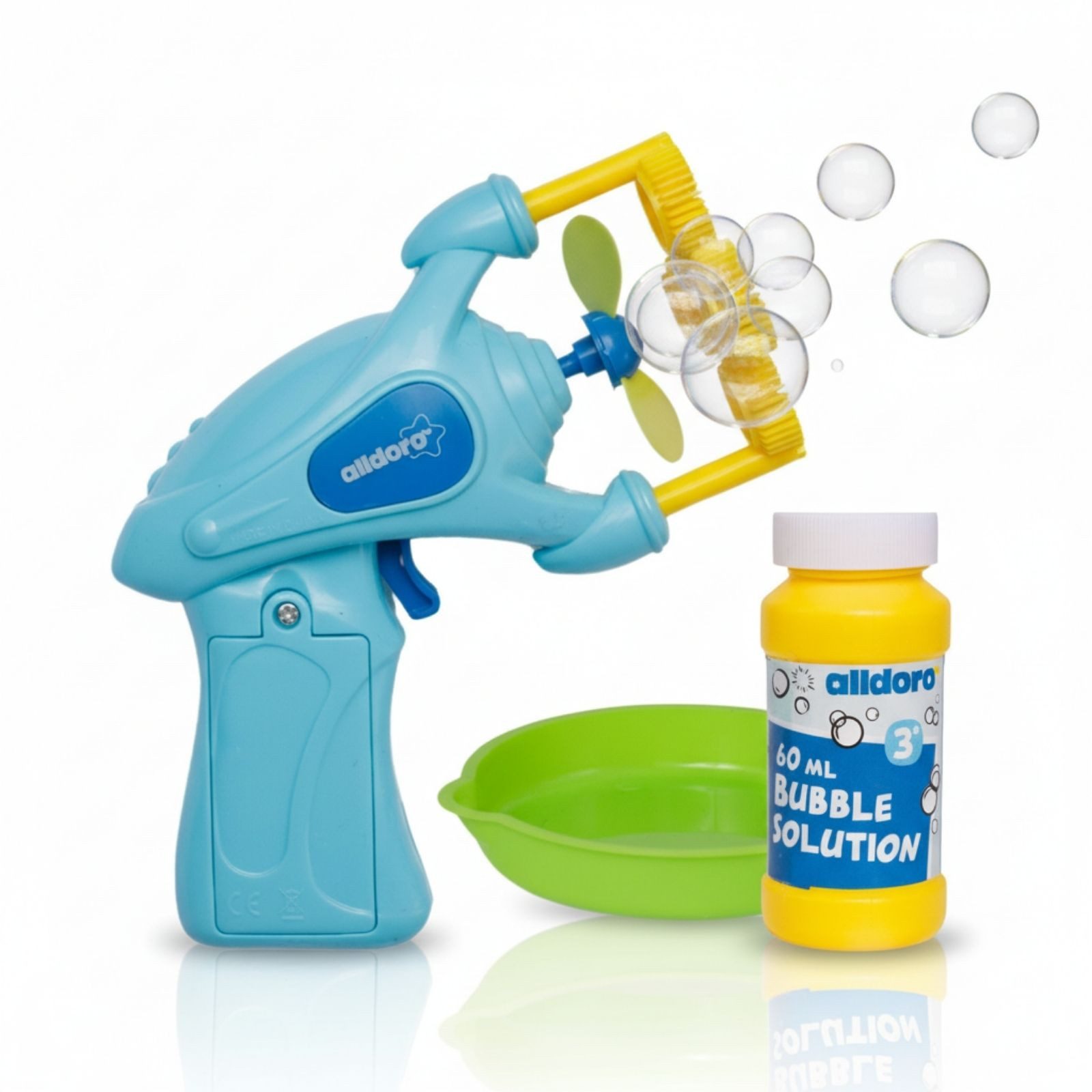 alldoro Seifenblasenpistole Seifenblasen-Kanone für Kinder, batteriebetrieben, mit Propeller, Inkl. 60 ml Seifenblasenflüssigkeit, hunderte Bubbles auf Knopfdruck