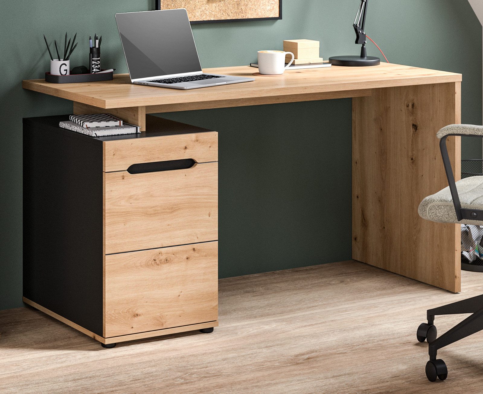 Inn.Furn Schreibtisch Cooper (Laptoptisch in Eiche Artisan mit Basalt Grau, integrierter Container, 138 x 60 cm), Soft-Close-Funktion