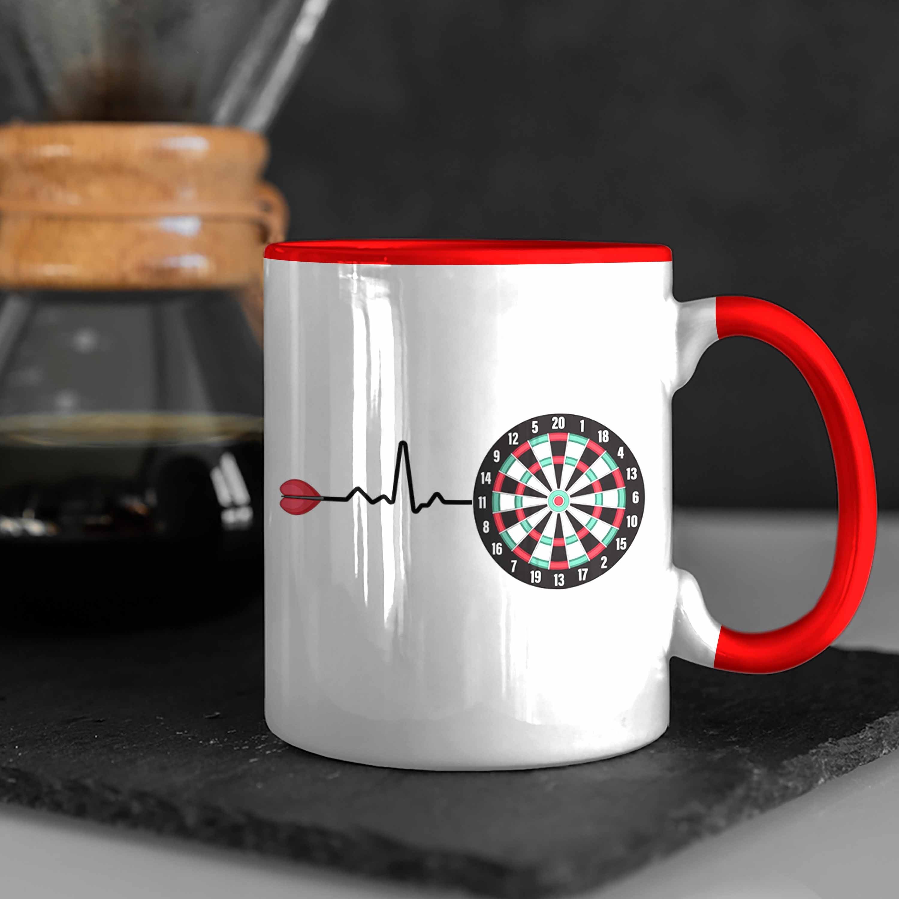 Trendation Tasse Trendation Kaffeetasse Geschenkidee Frauen Geschenke Tasse Darts - Männer Rot Dartspieler Herzschlag für Geschenk Dart