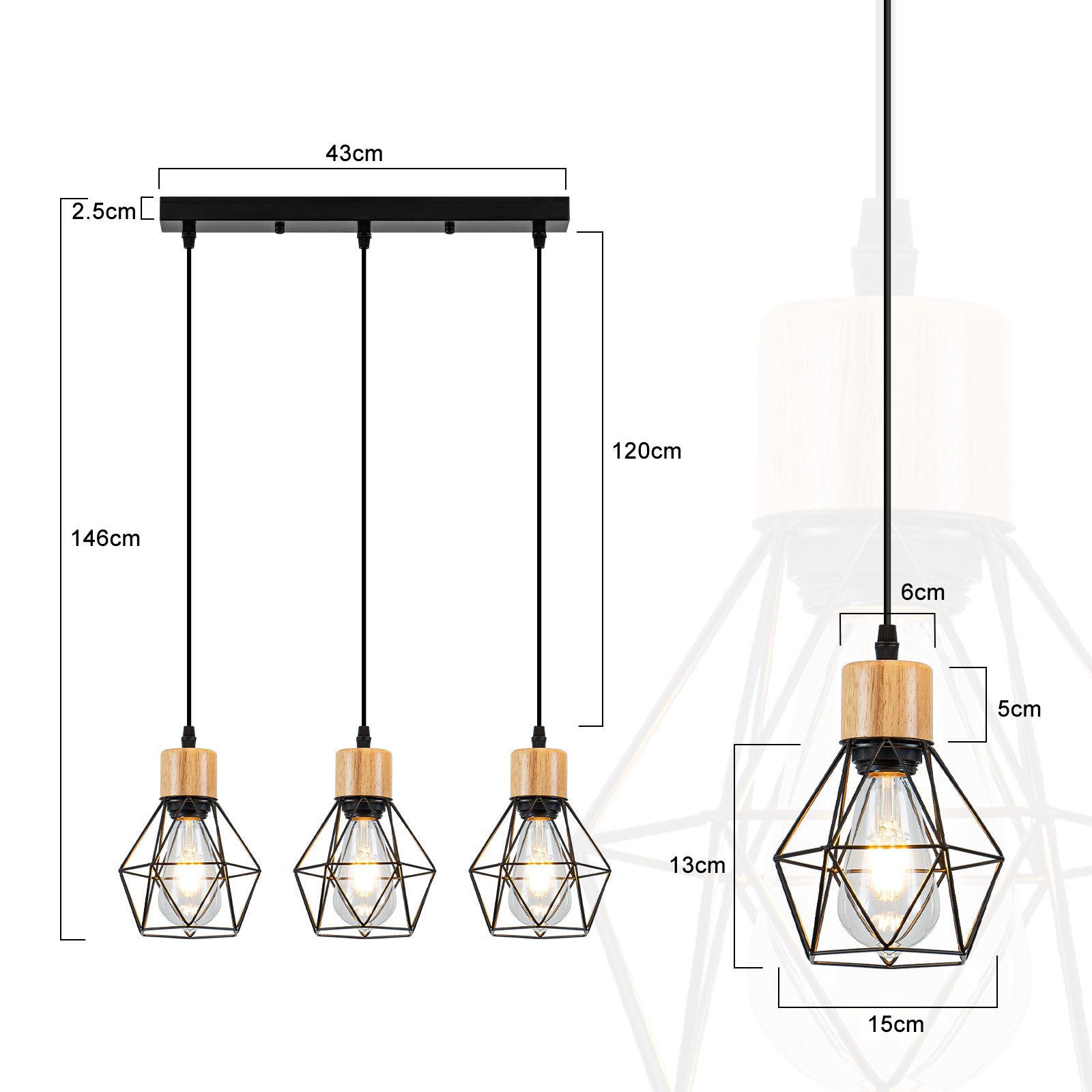 Nettlife Pendelleuchte Vintage Schwarz 3-flammig Industrielle Eleganz aus Metall Holz E27, ohne Leuchtmittel, für Wohnzimmer Esszimmer Küche Schlafzimmer in Restaurants und Cafés