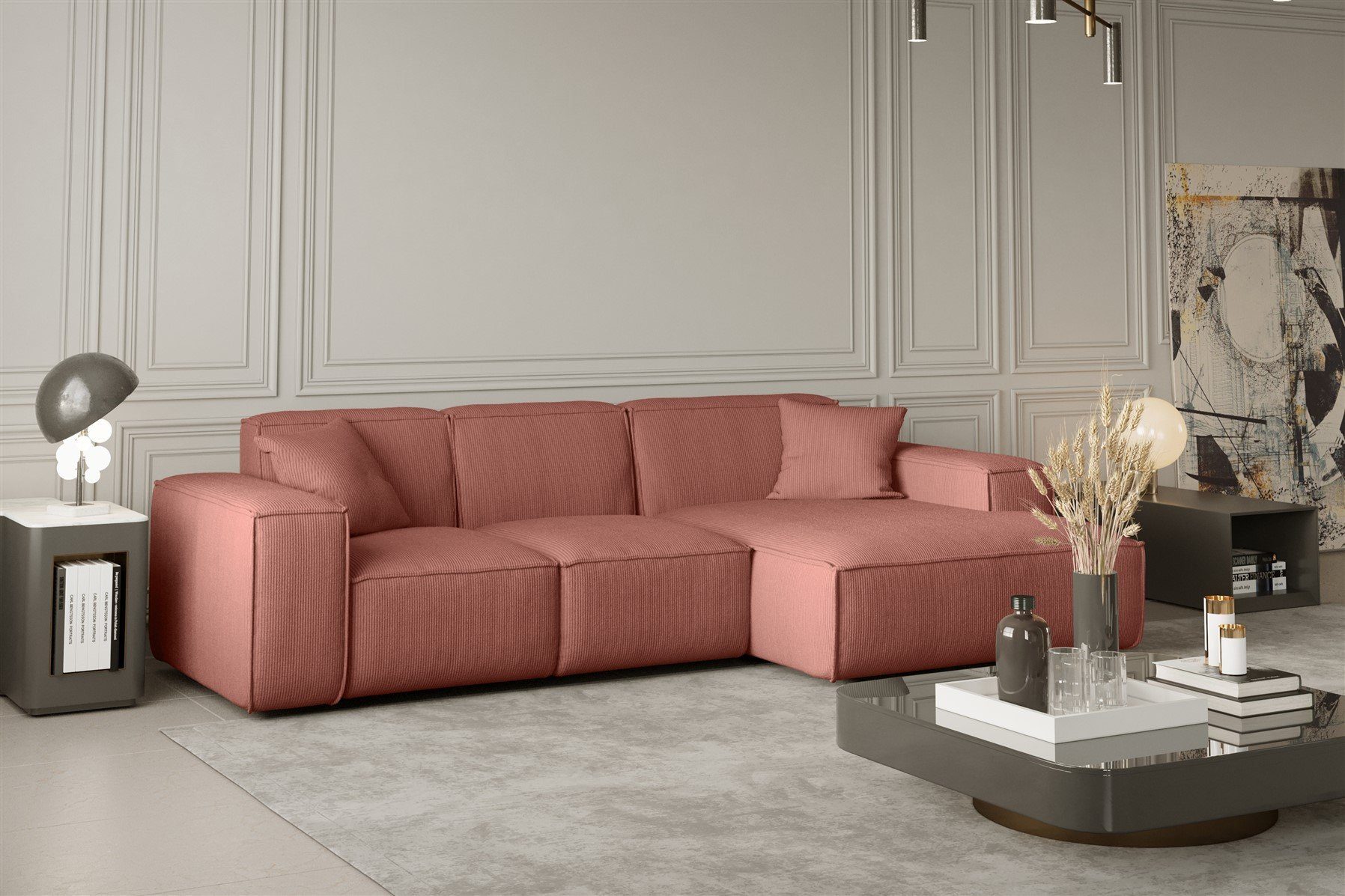 Fun in Ecksofa Ecksofa CELES Links Möbel 2 Stoff, Designersofa inkl. Zierkissen mane oder Rechts