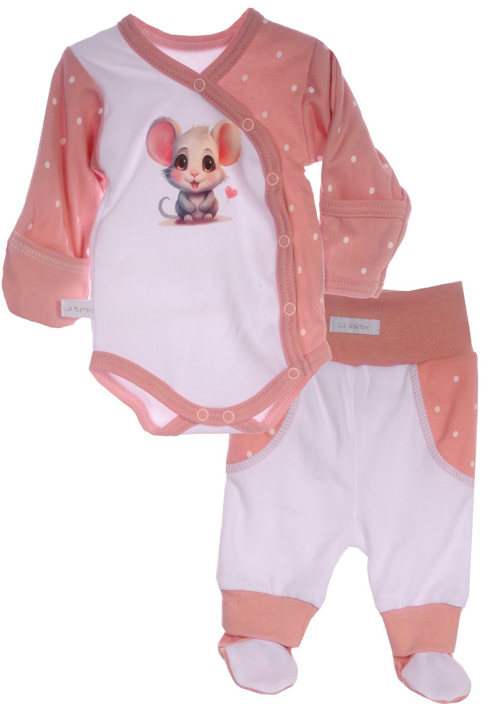Body & Hose Wickelbody Schlupfhose Baby Anzug Set in Weiß Rosa mit Maus