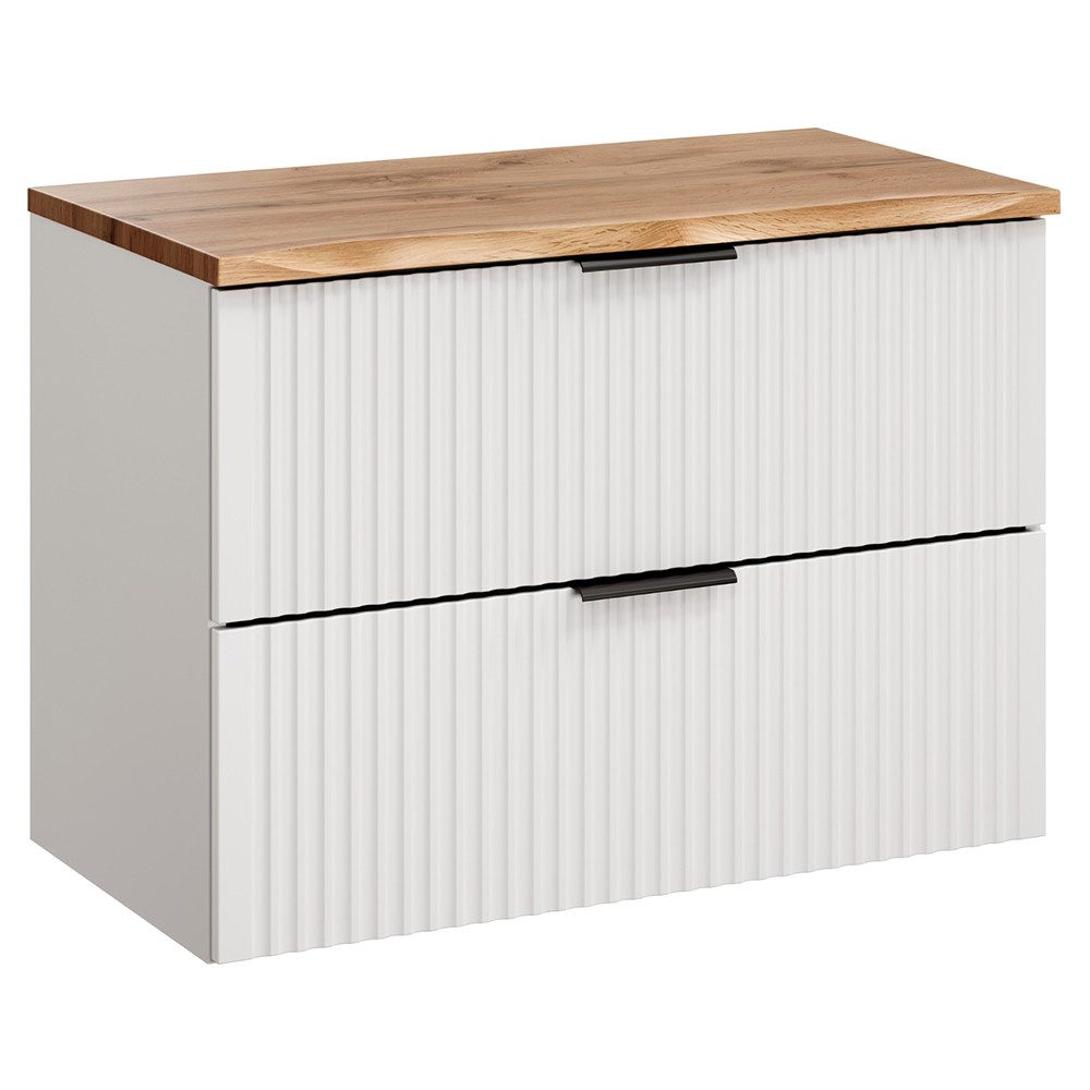 Lomadox Waschbeckenschrank ADELAIDE-56-WHITE 80 cm breit, weiß matt mit gerillter Front, Eiche mit Baumkantenoptik