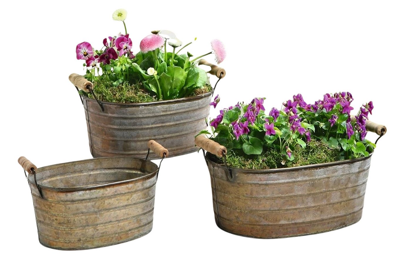 Dekoleidenschaft Pflanzkübel Metallwannen im Antik-Design mit Holzgriffen, Blumenkübel Pflanzkasten (3 St., im Set), Blumenkasten, Pflanzkübel, Metall Pflanzgefäß, Gartendeko für Draußen