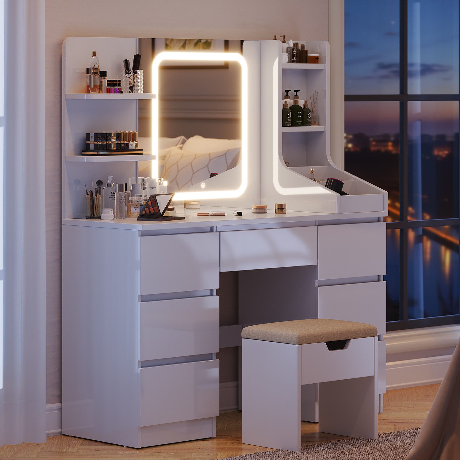 Furnicopia Schminktisch Einstellbare Helligkeit mit 7 Schubladen und 8 offenen Ablagefächern (Größe: 110 x 40 x 139 cm, Integrierte LED-Leiste mit einstellbaren drei Farbtemperaturen, Optional erhältlich mit Hocker mit Stauraum)